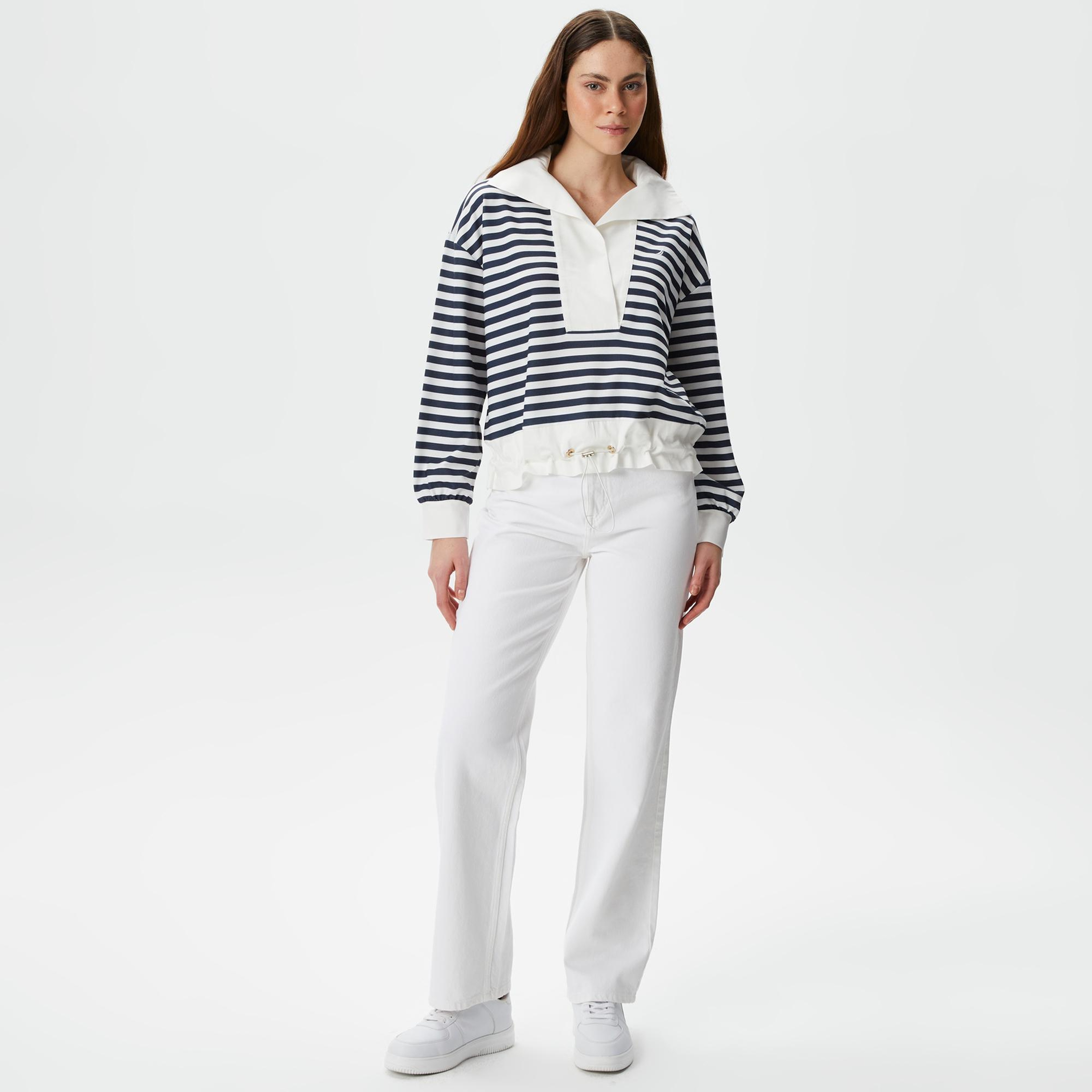 Nautica Kadın Lacivert Relaxed Fit Dik Yaka Çizgili Sweatshirt