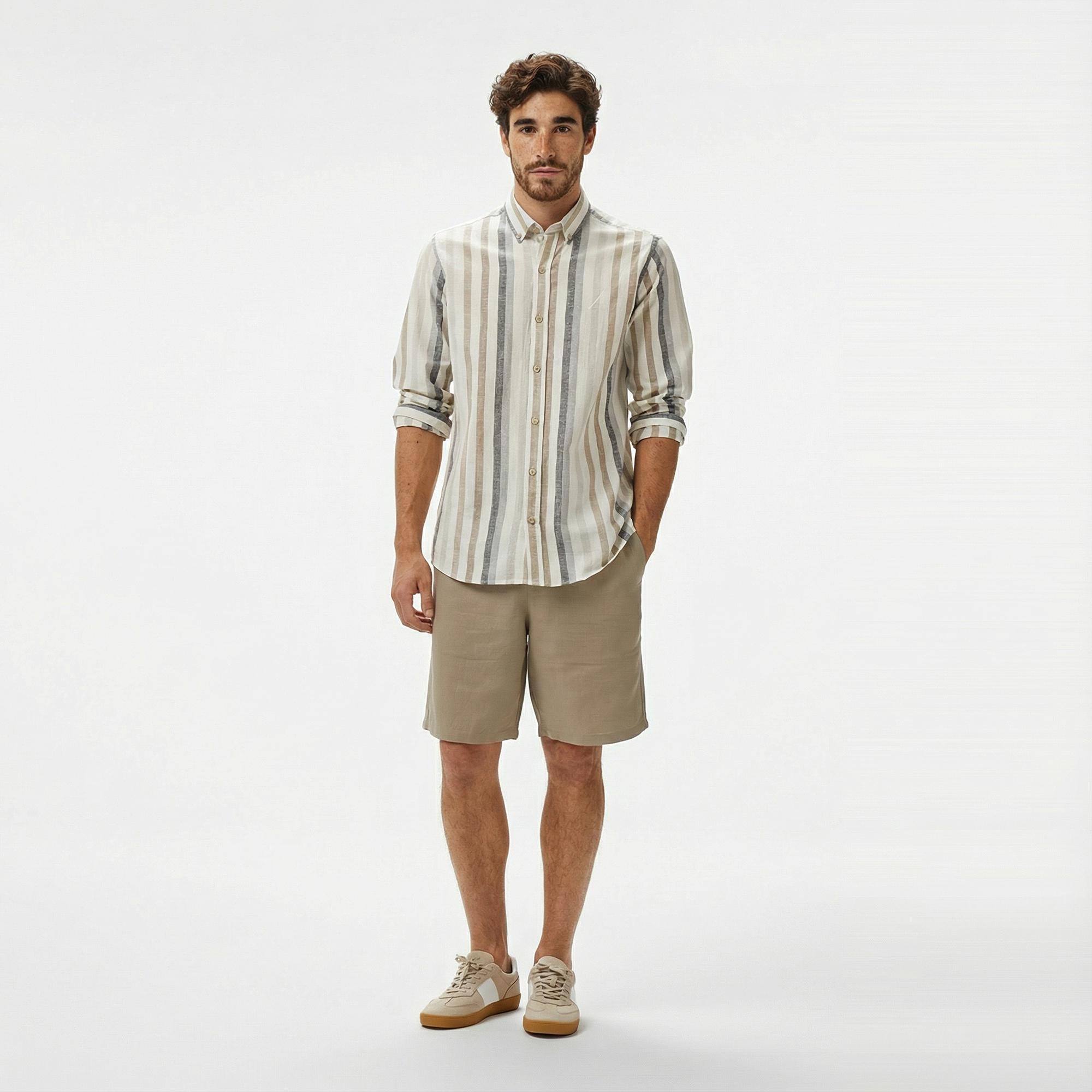Nautica Erkek Kahverengi Classic Fit Çizgili Gömlek