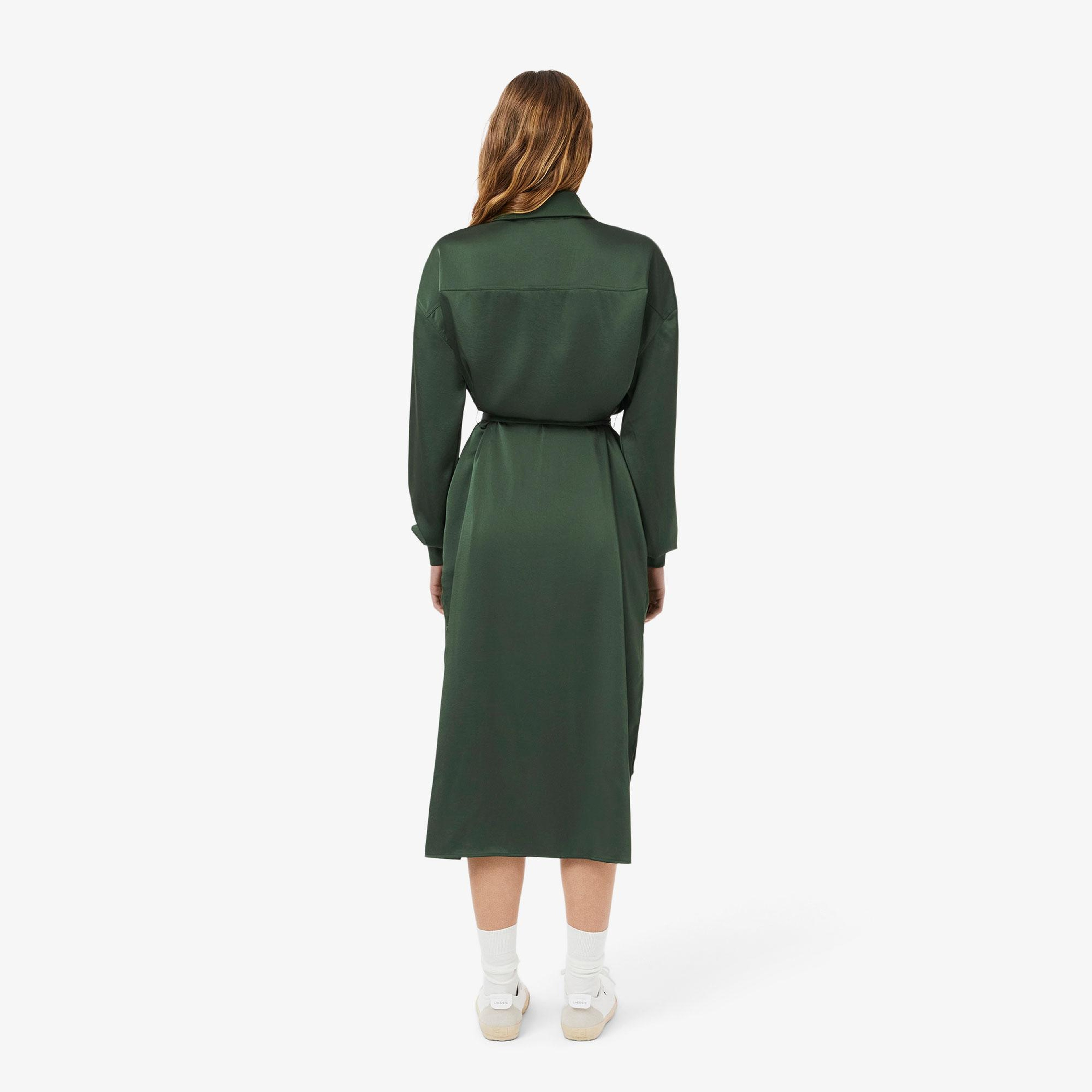 Kadın Relaxed Fit Uzun Kollu Yarım Fermuarlı Koyu Yeşil Elbise