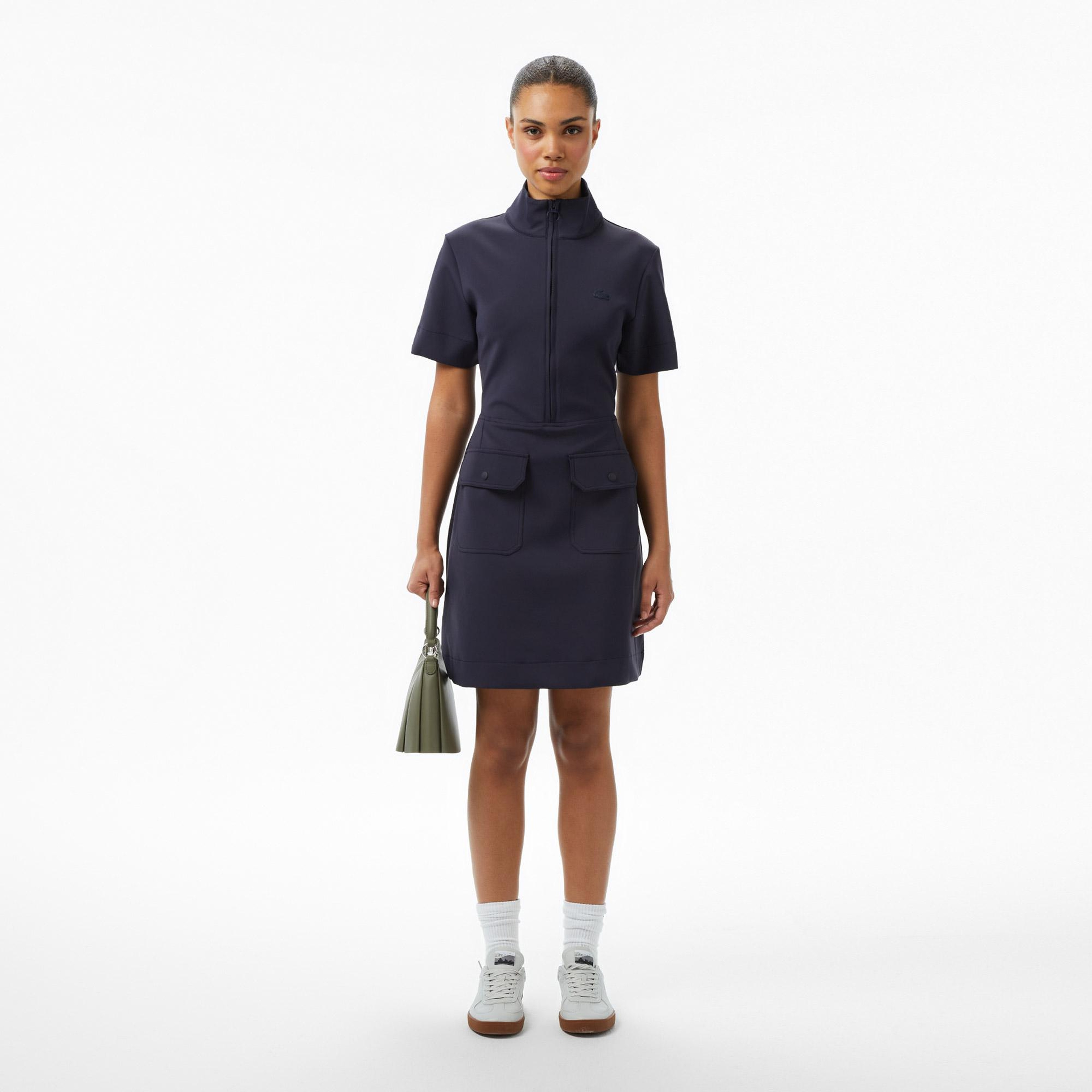 Lacoste Kadın Classic Fit Kısa Kollu Dik Yaka Koyu Mavi Elbise