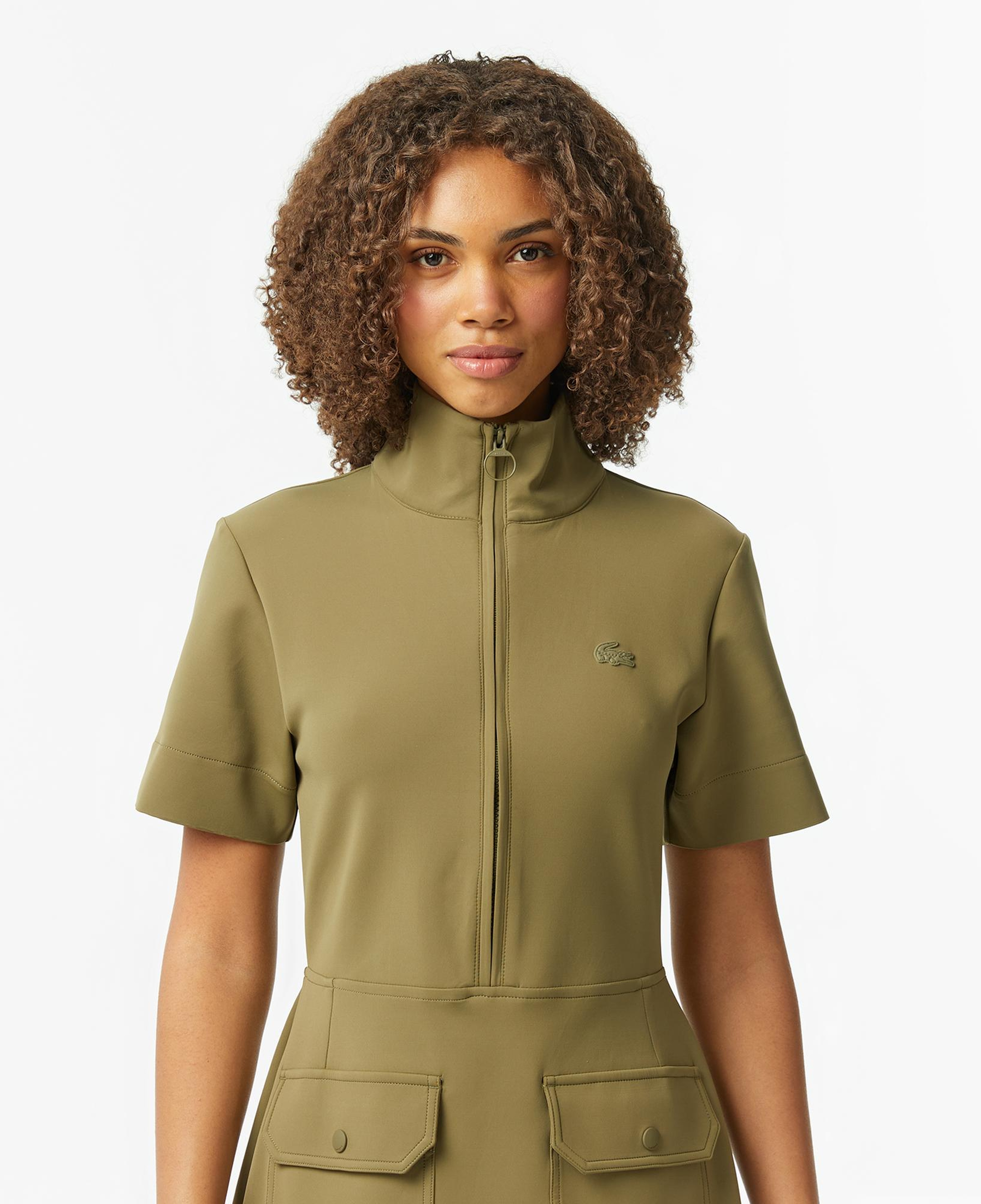Lacoste Kadın Classic Fit Kısa Kollu Dik Yaka Haki Elbise