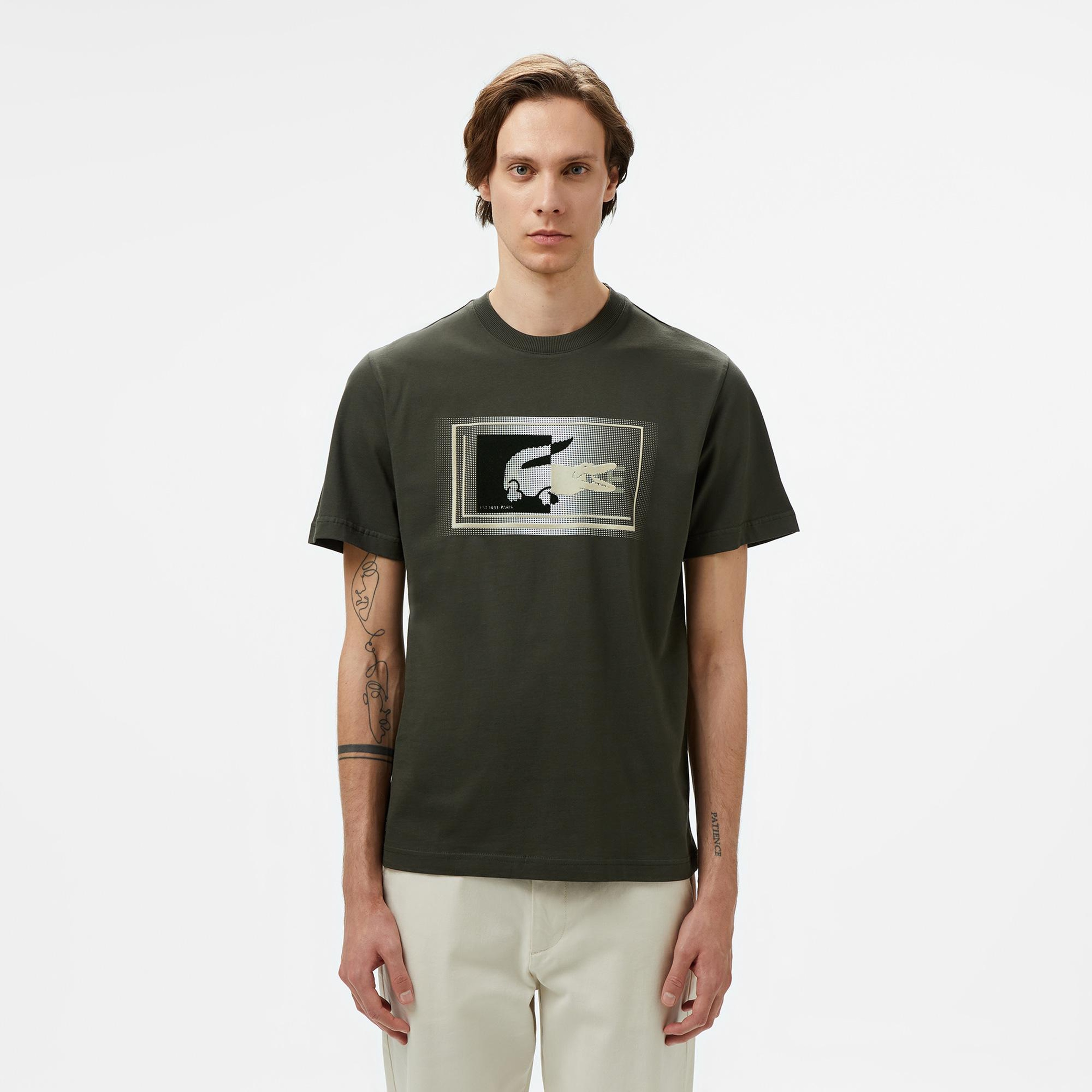 Erkek Regular Fit Bisiklet Yaka Baskılı Haki T-Shirt