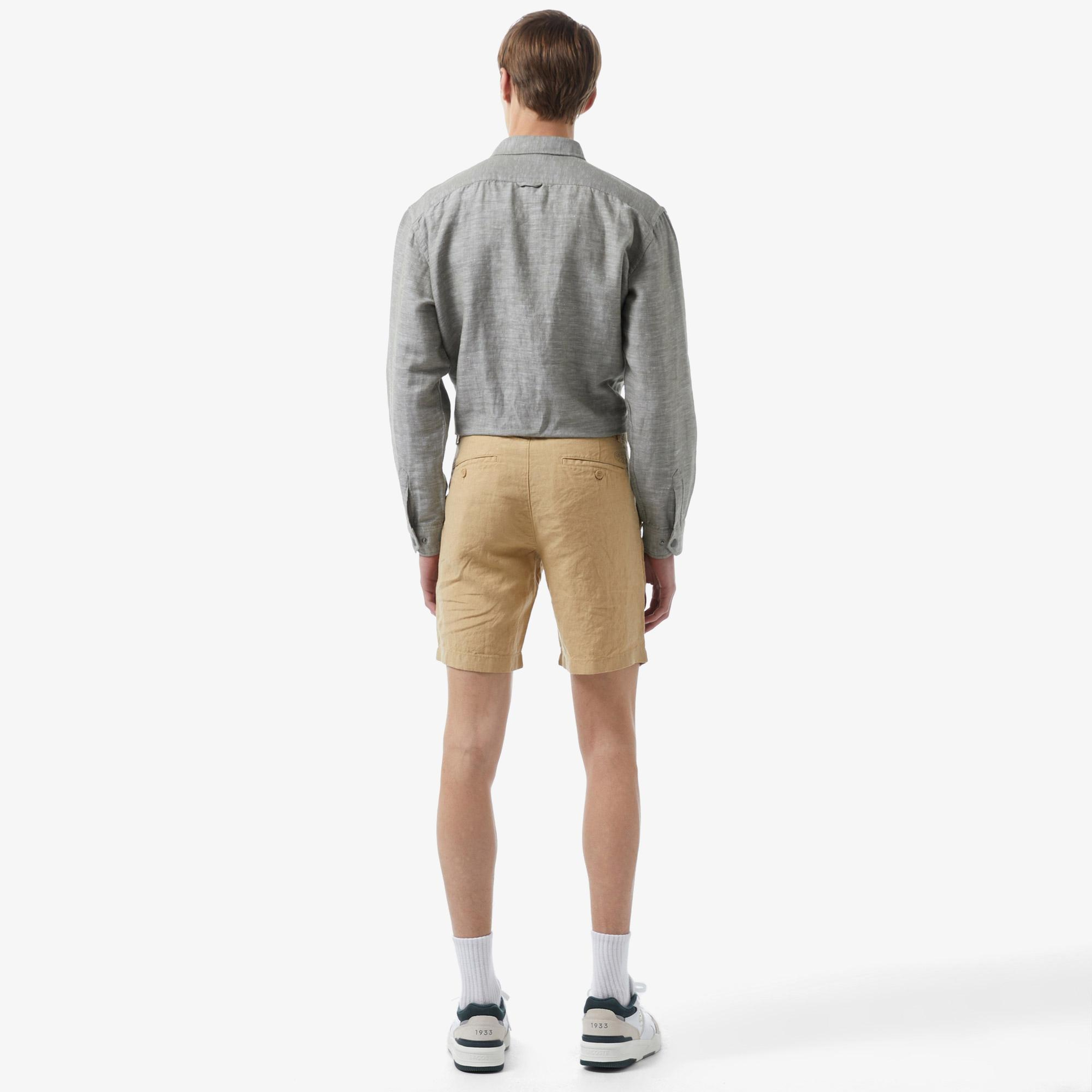 Erkek Slim Fit Keten Bej Bermuda