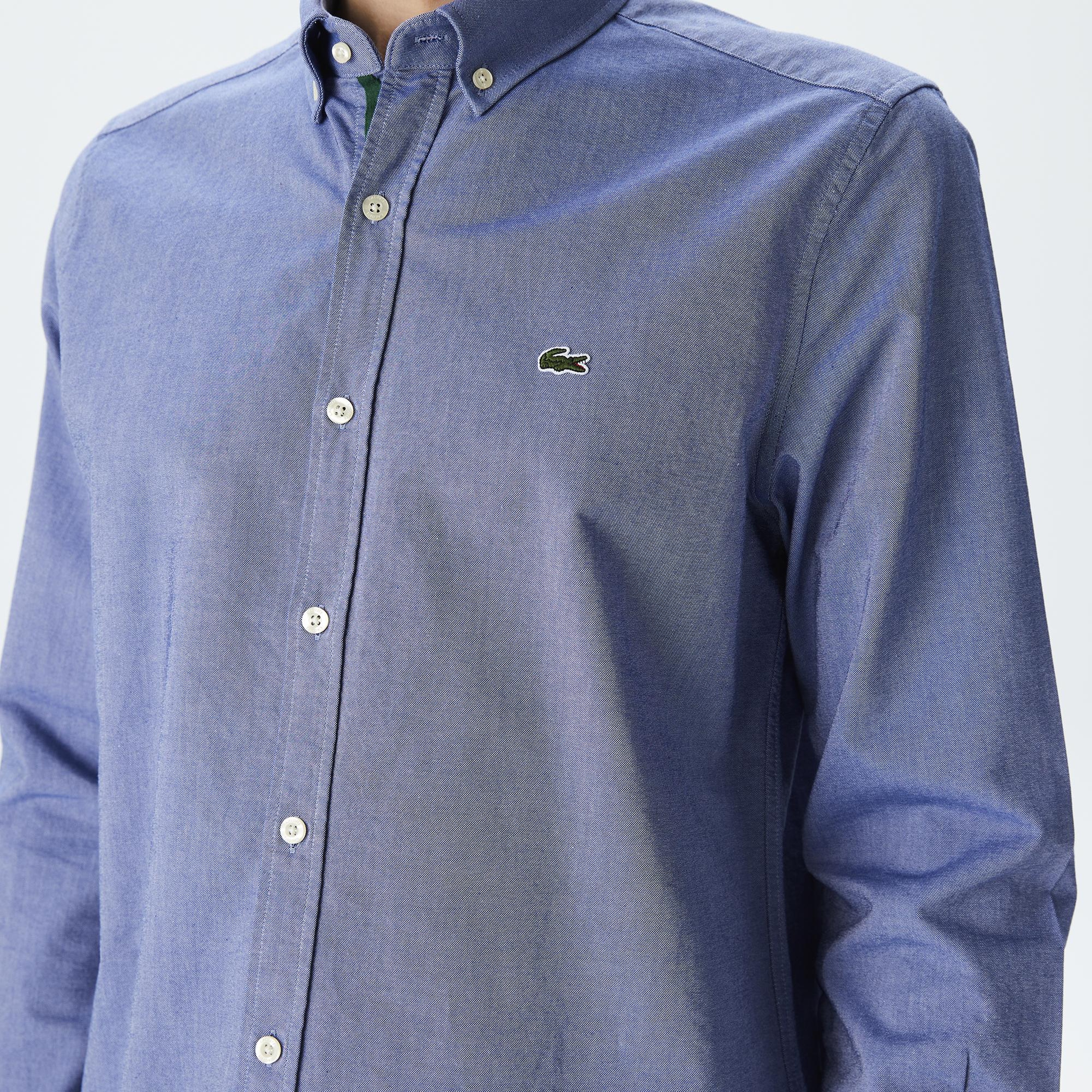 Erkek Slim Fit Düğmeli Yaka Lacivert Gömlek