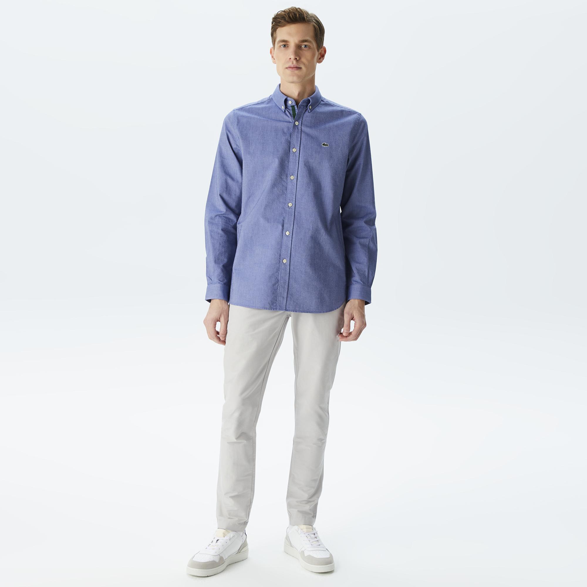 Erkek Slim Fit Düğmeli Yaka Lacivert Gömlek