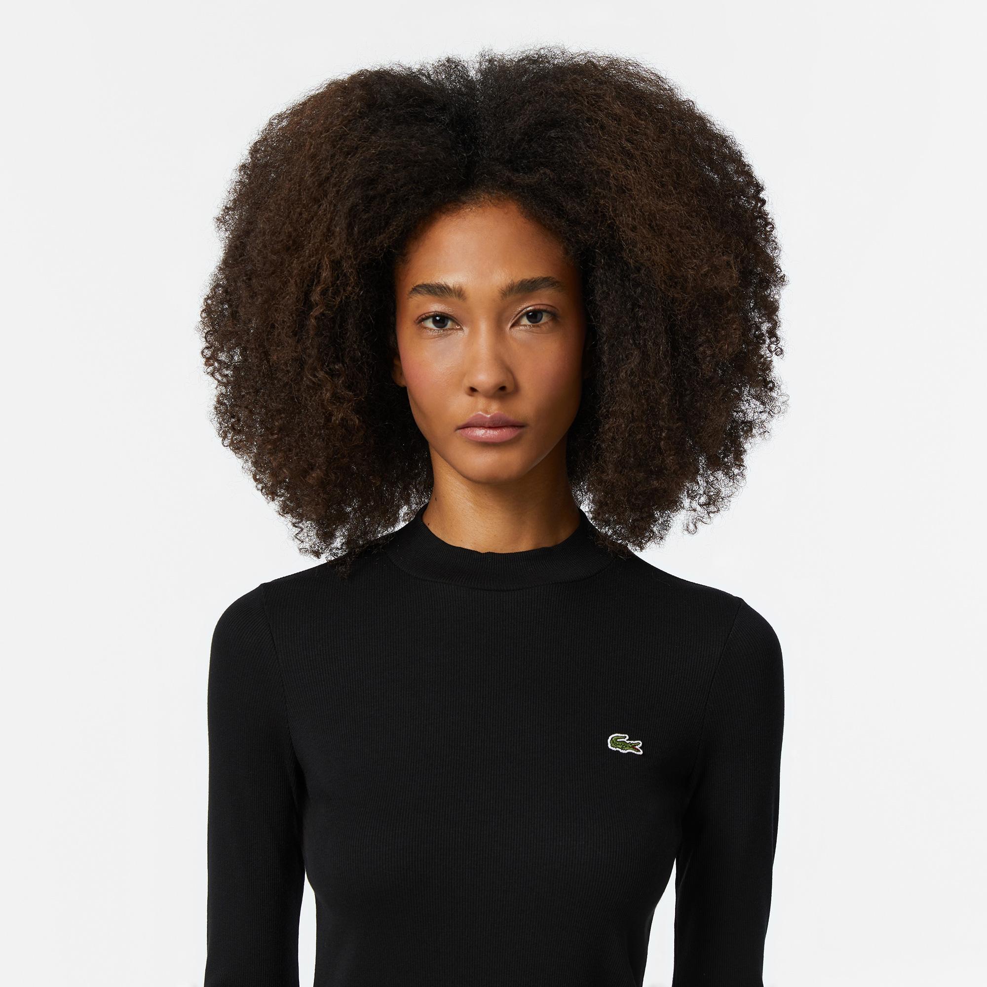 Lacoste Kadın Slim Fit Uzun Kollu Bisiklet Yaka Siyah T-Shirt
