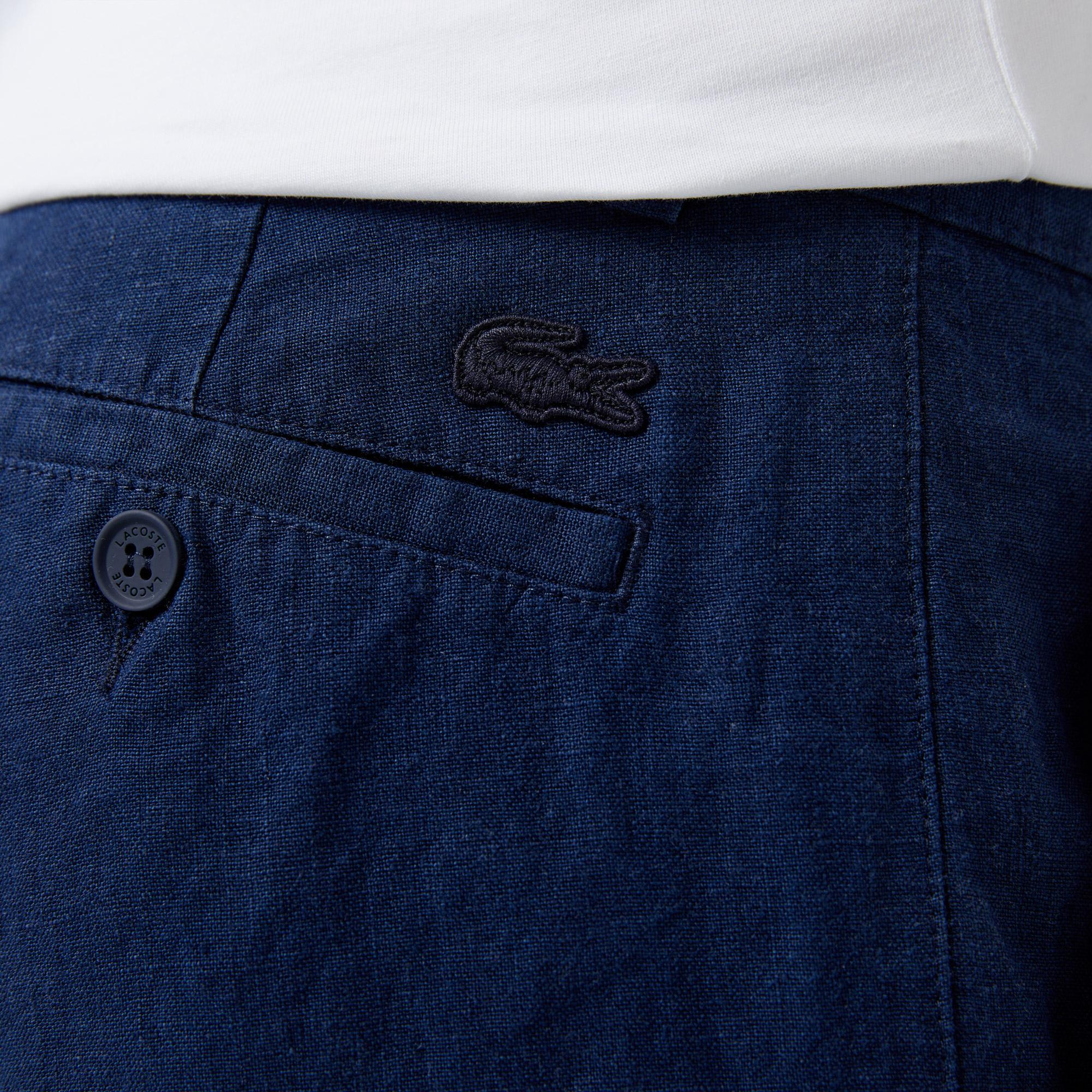 Erkek Slim Fit Keten Lacivert Bermuda