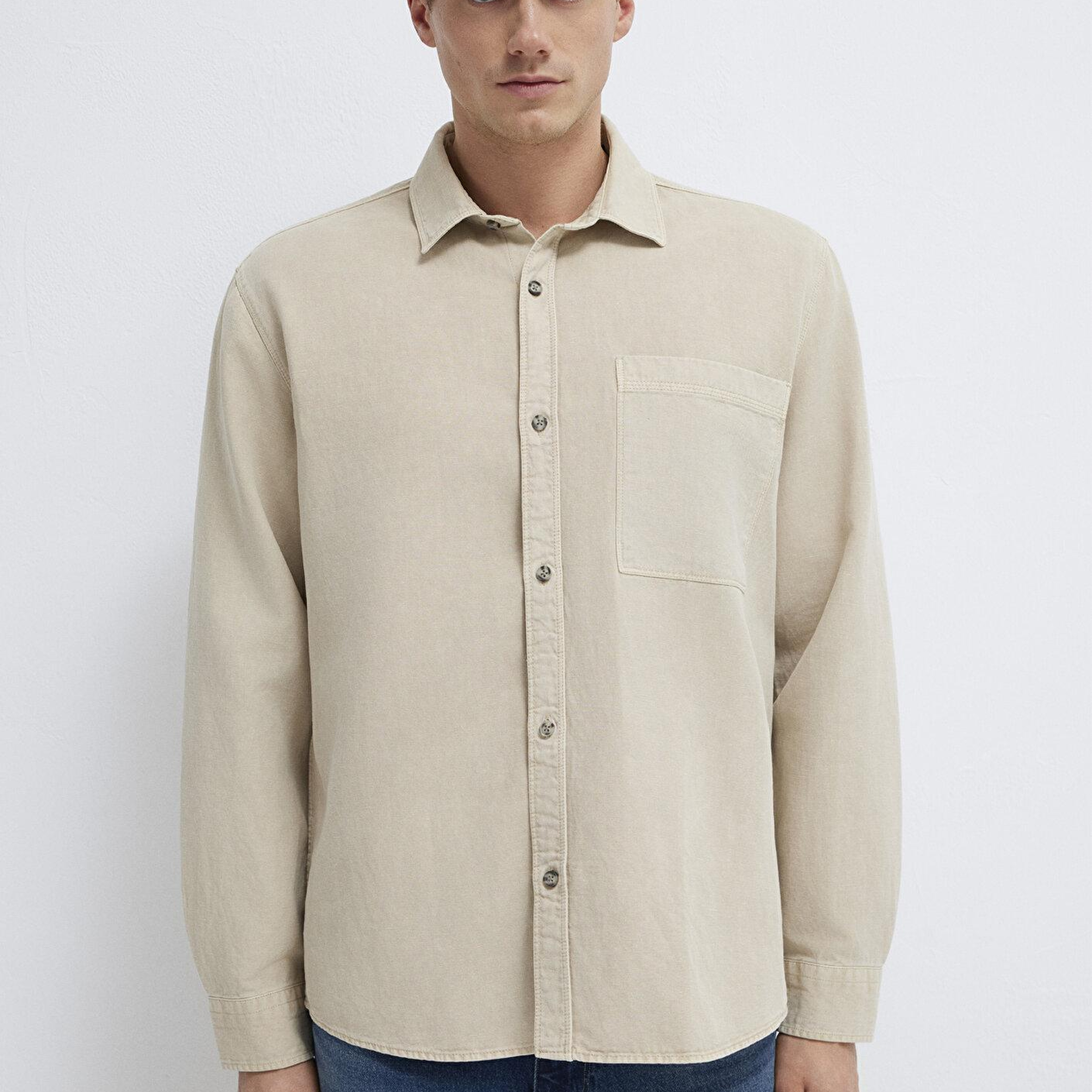 Mavi Cepli Ekru Gömlek Regular Fit / Normal Kesim 0211827-70004