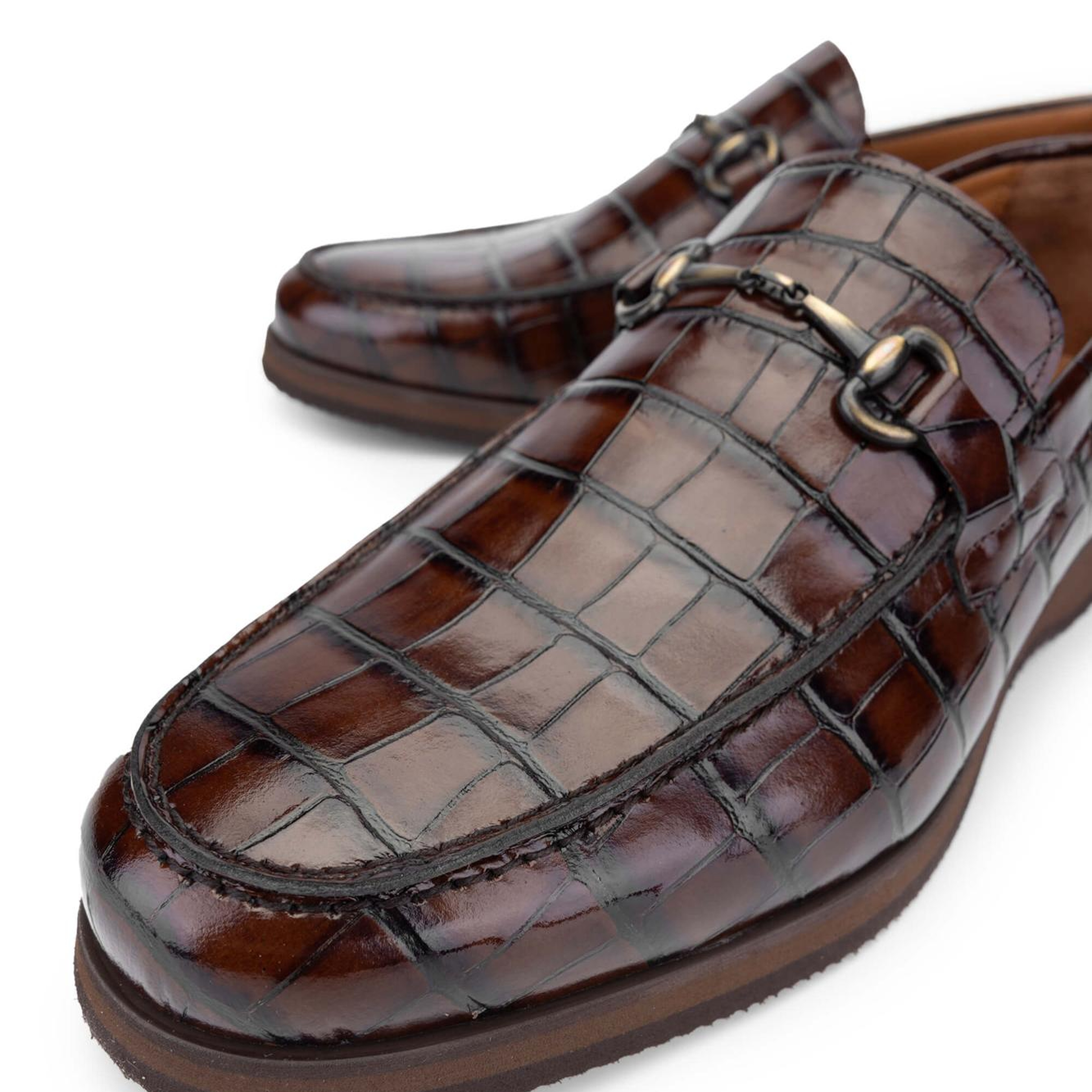 Tamer Tanca Erkek Hakiki Deri Kahverengi Kroko Loafer Ayakkabı