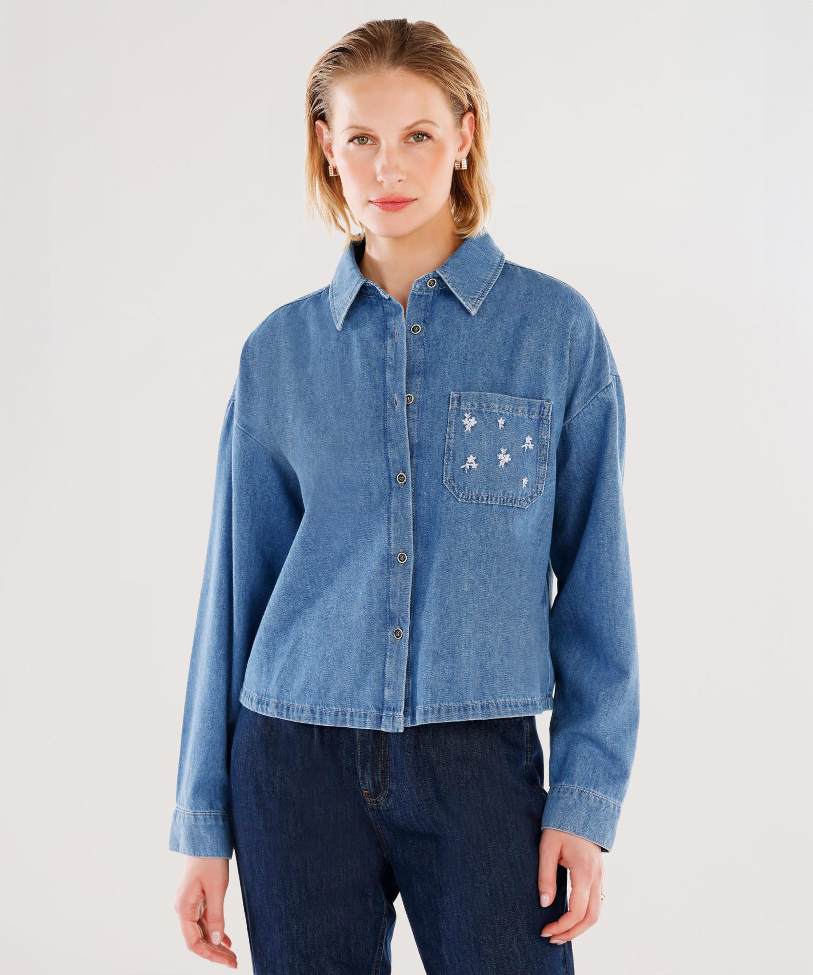 YARGICI Nakışlı Detaylı Uzun Kollu Denim Gömlek