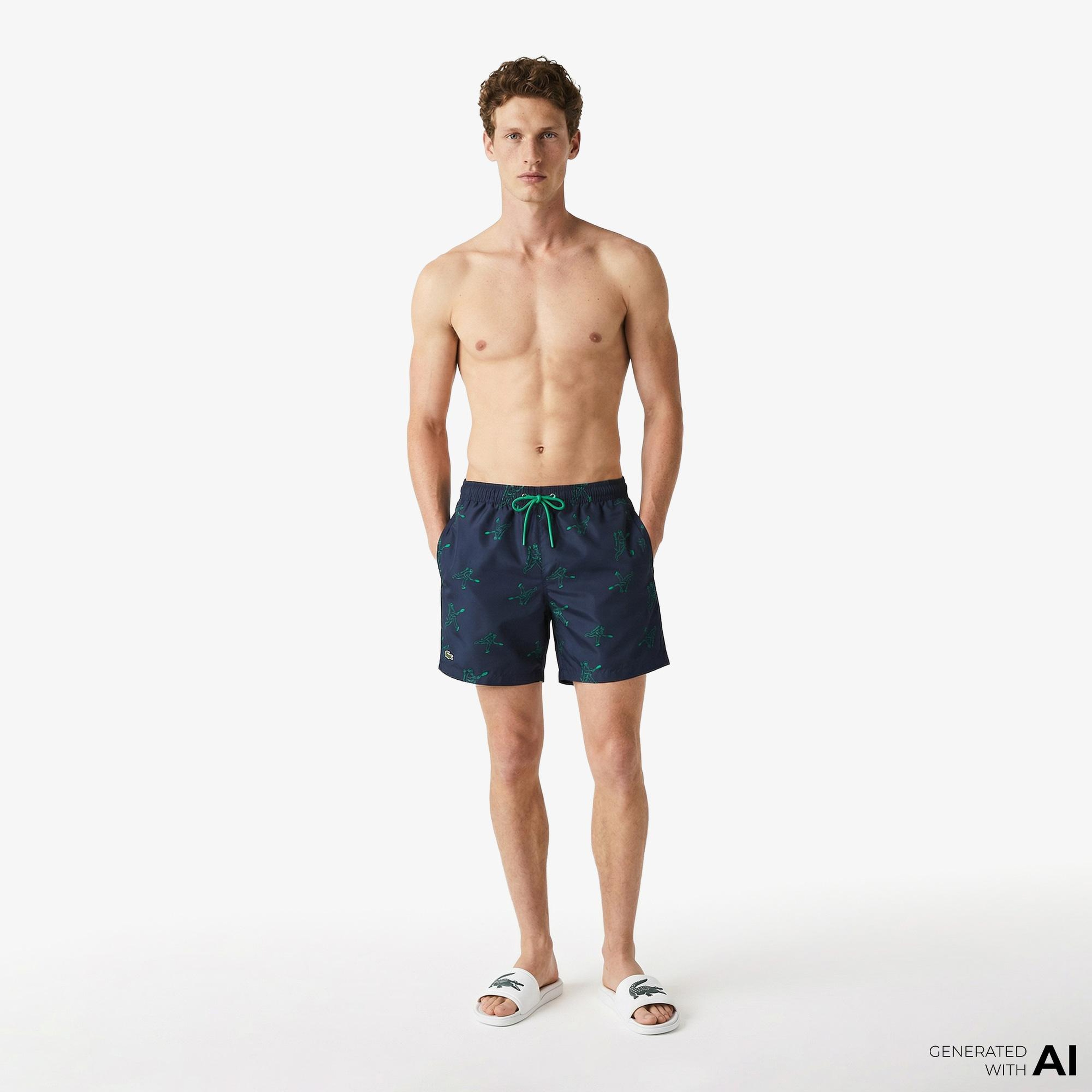 Lacoste Erkek Regular Fit Desenli Lacivert Deniz Şortu