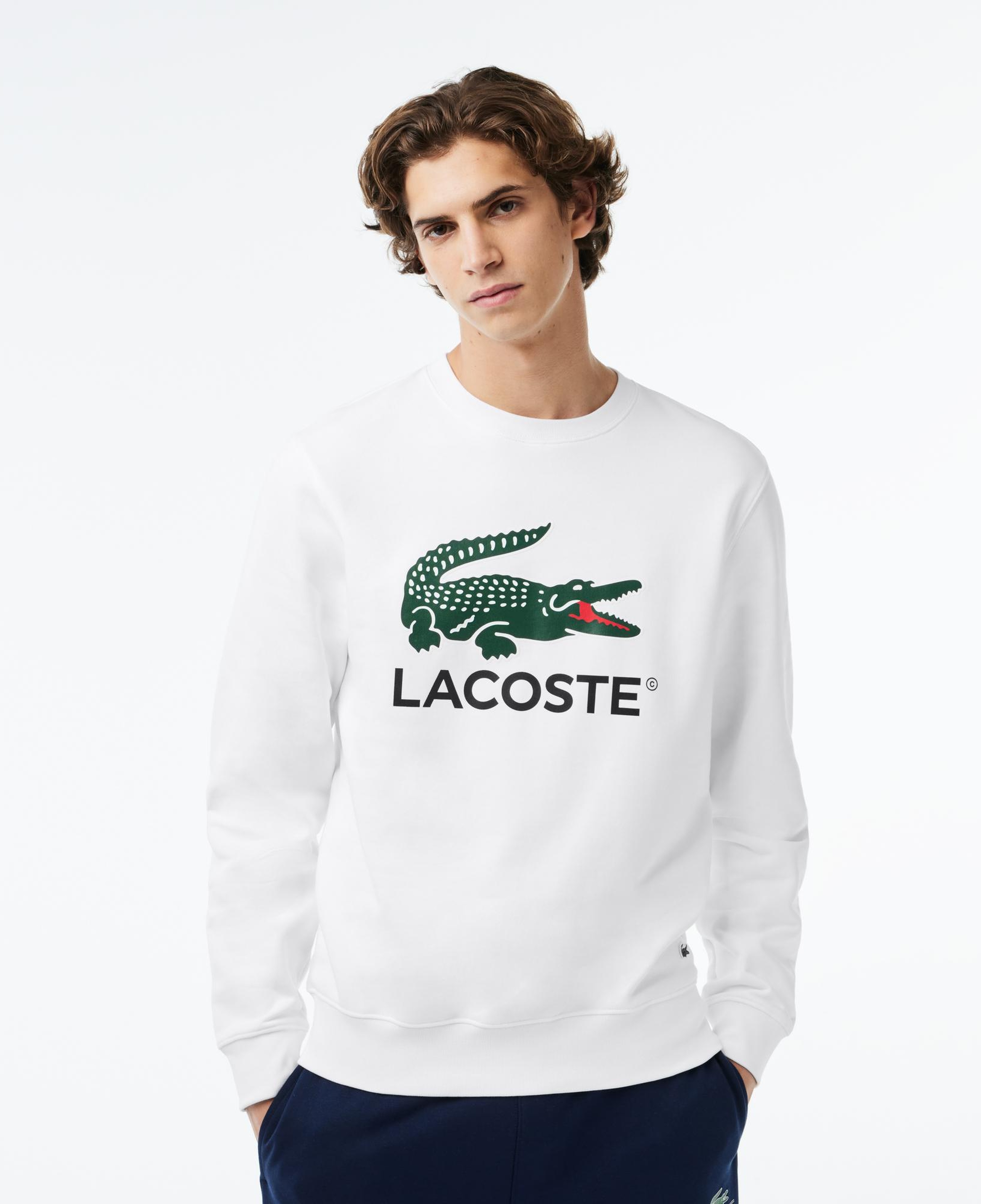 Lacoste Classic Erkek Classic Fit Bisiklet Yaka Baskılı Beyaz Sweatshirt