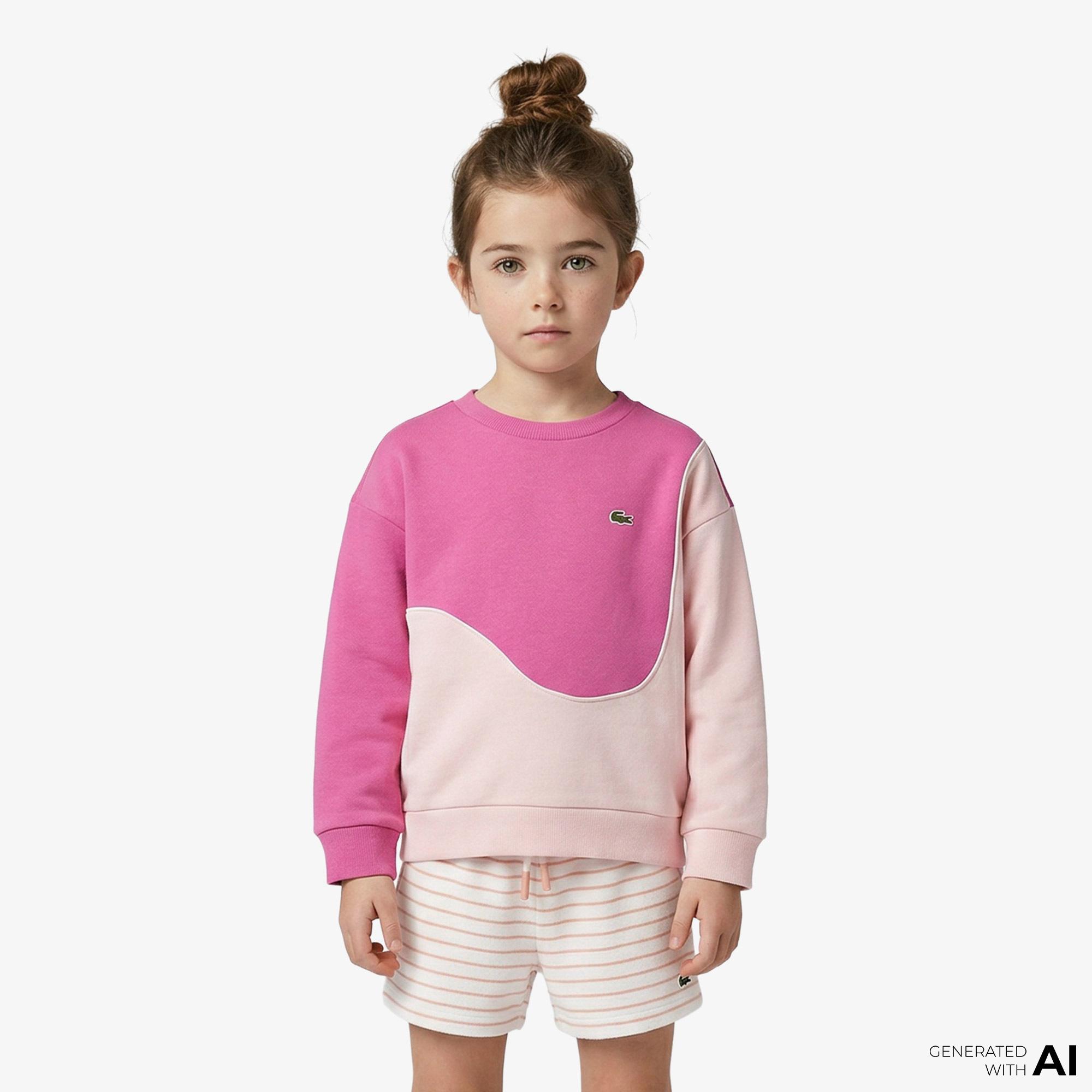 Çocuk Bisiklet Yaka Renk Bloklu Pembe Sweatshirt