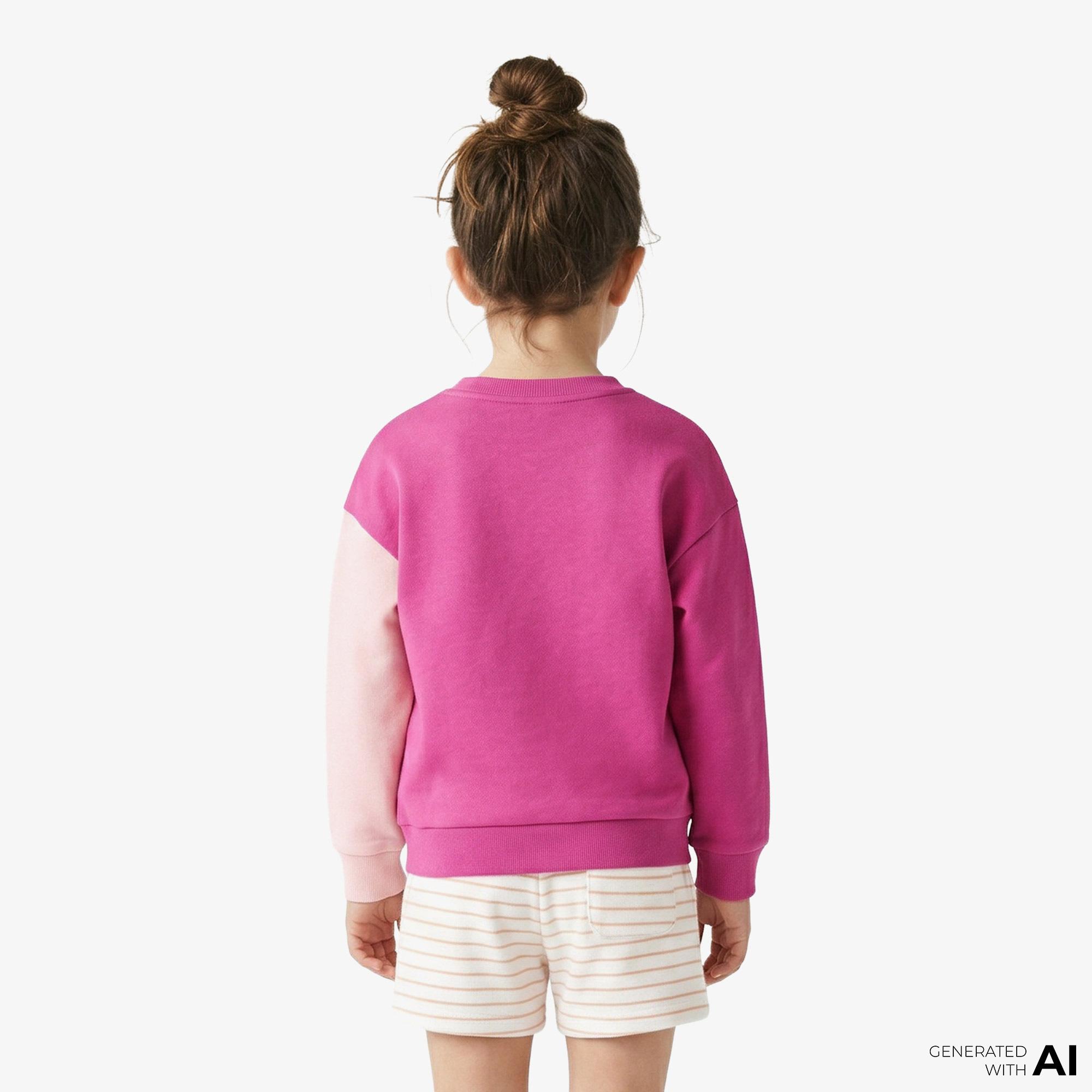 Çocuk Bisiklet Yaka Renk Bloklu Pembe Sweatshirt