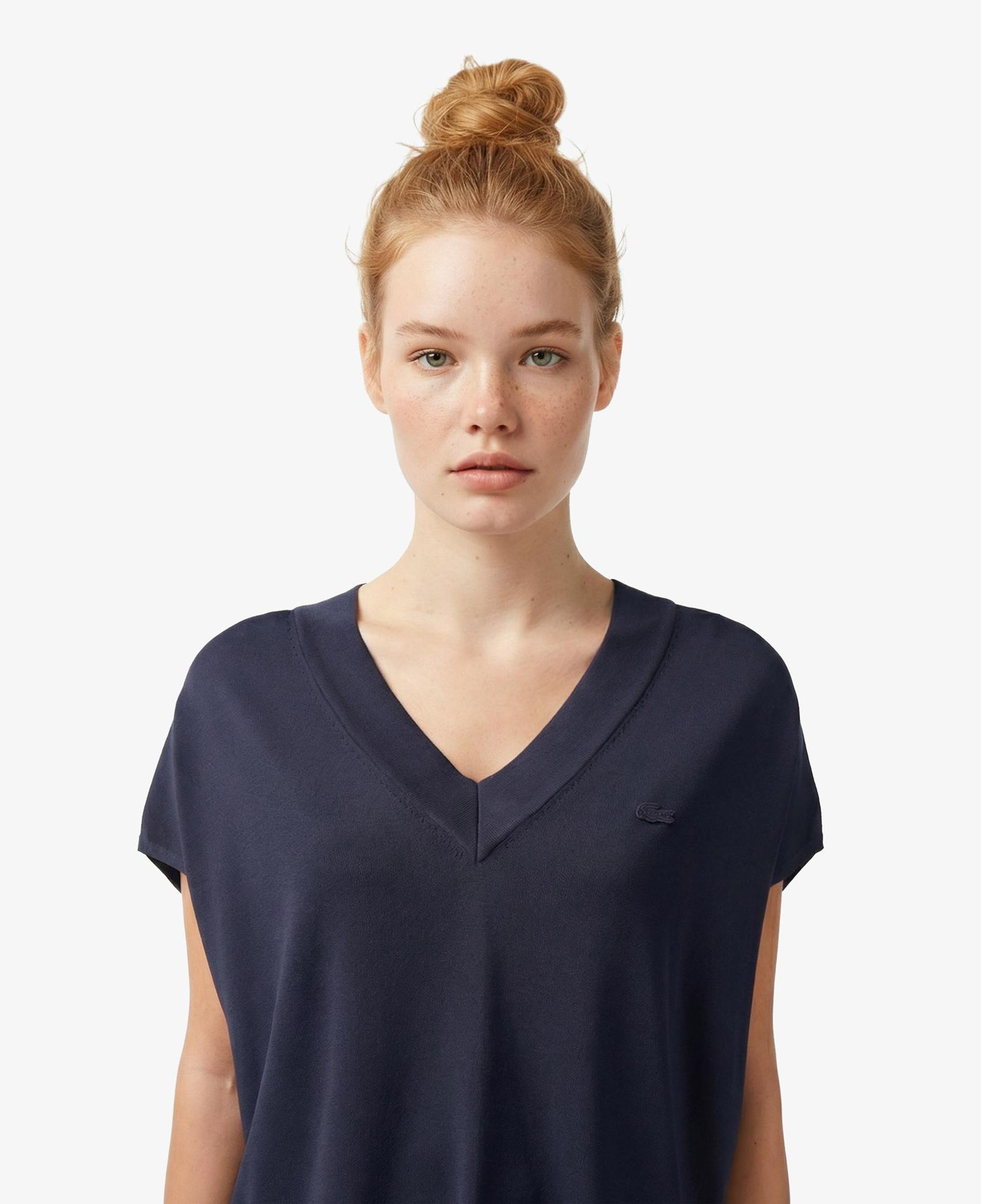 Lacoste Kadın Relaxed Fit Kısa Kollu V Yaka Gri Triko