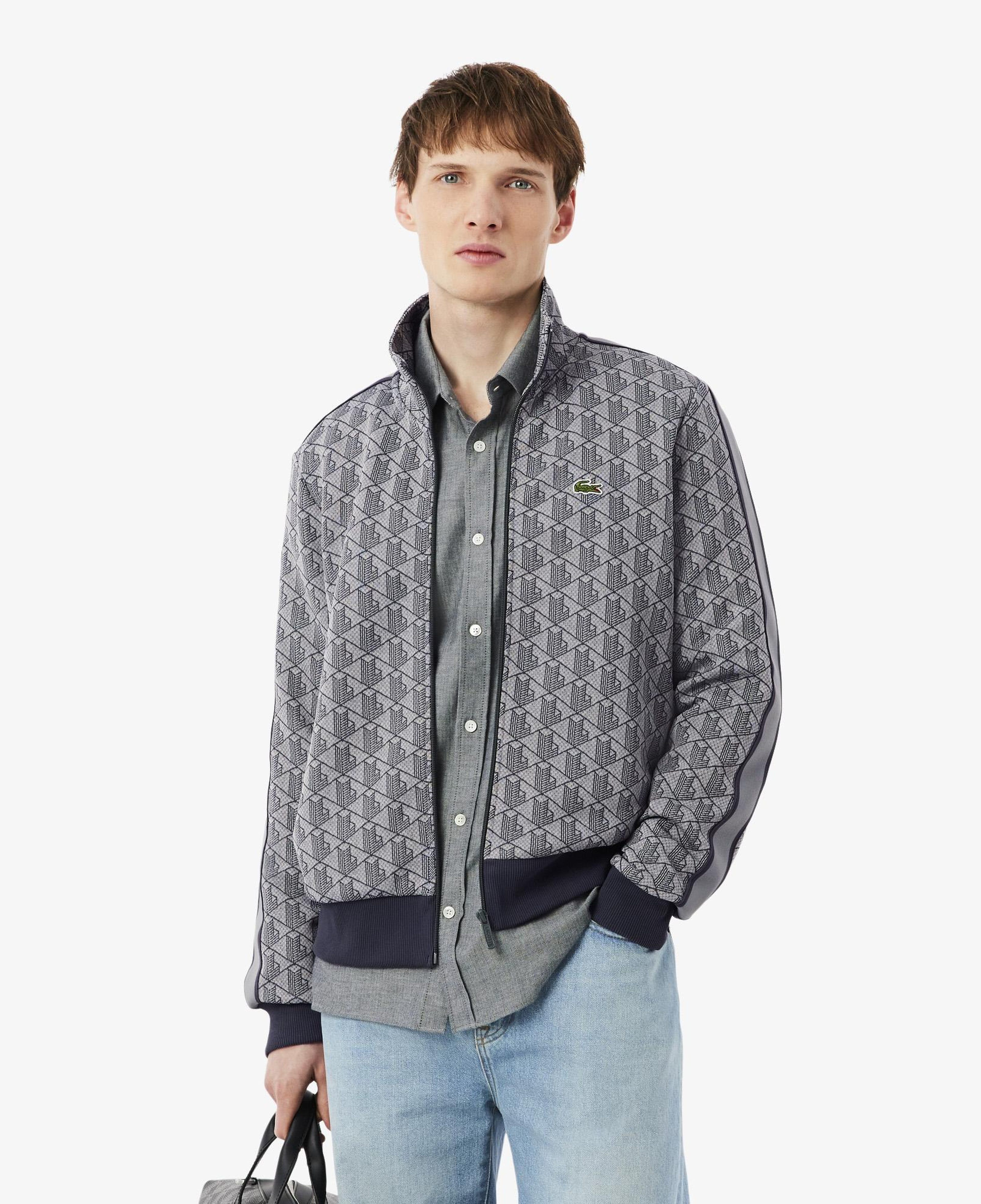 Erkek Regular Fit Fermuarlı Monogram Gri Sweatshirt