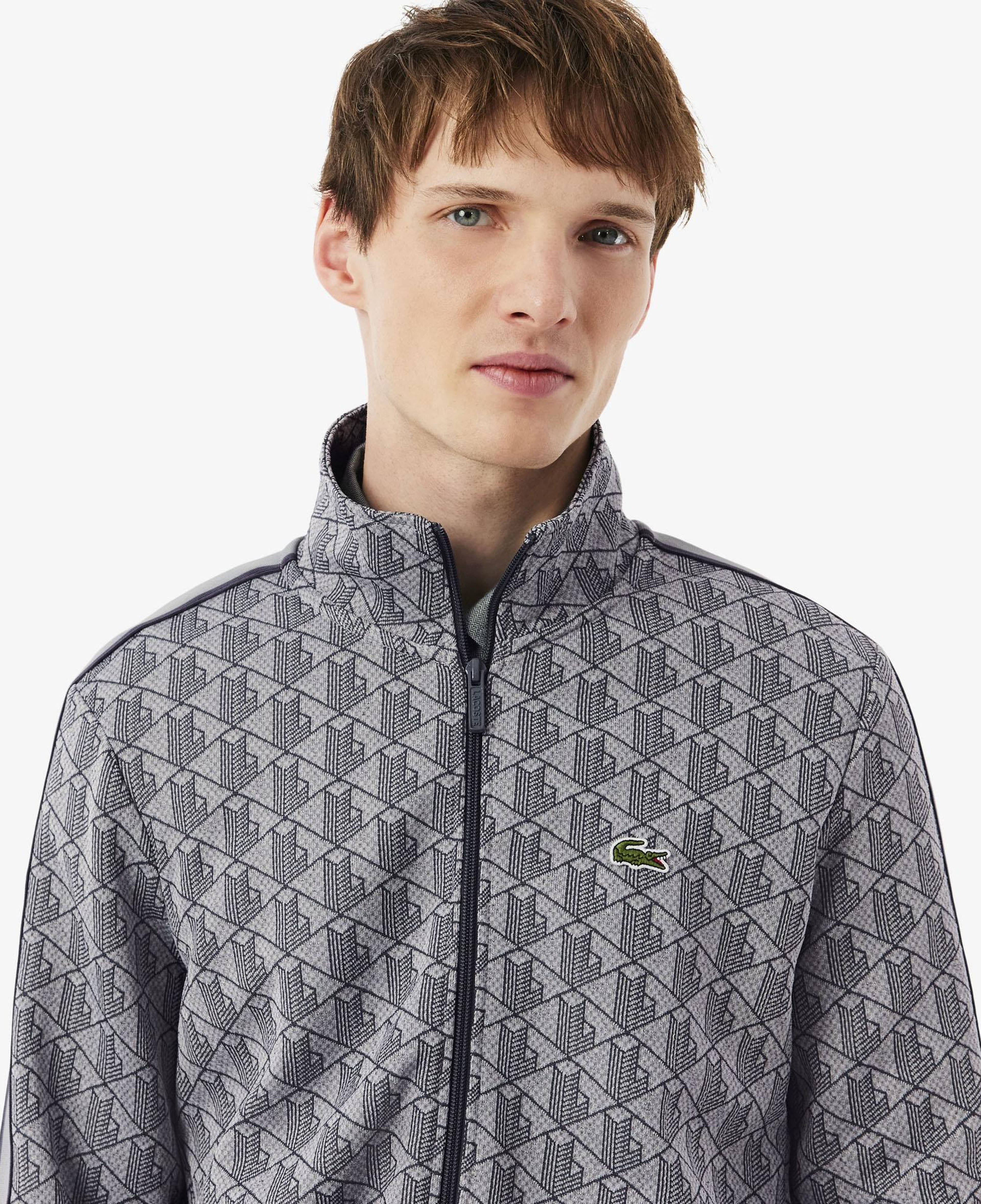 Erkek Regular Fit Fermuarlı Monogram Gri Sweatshirt