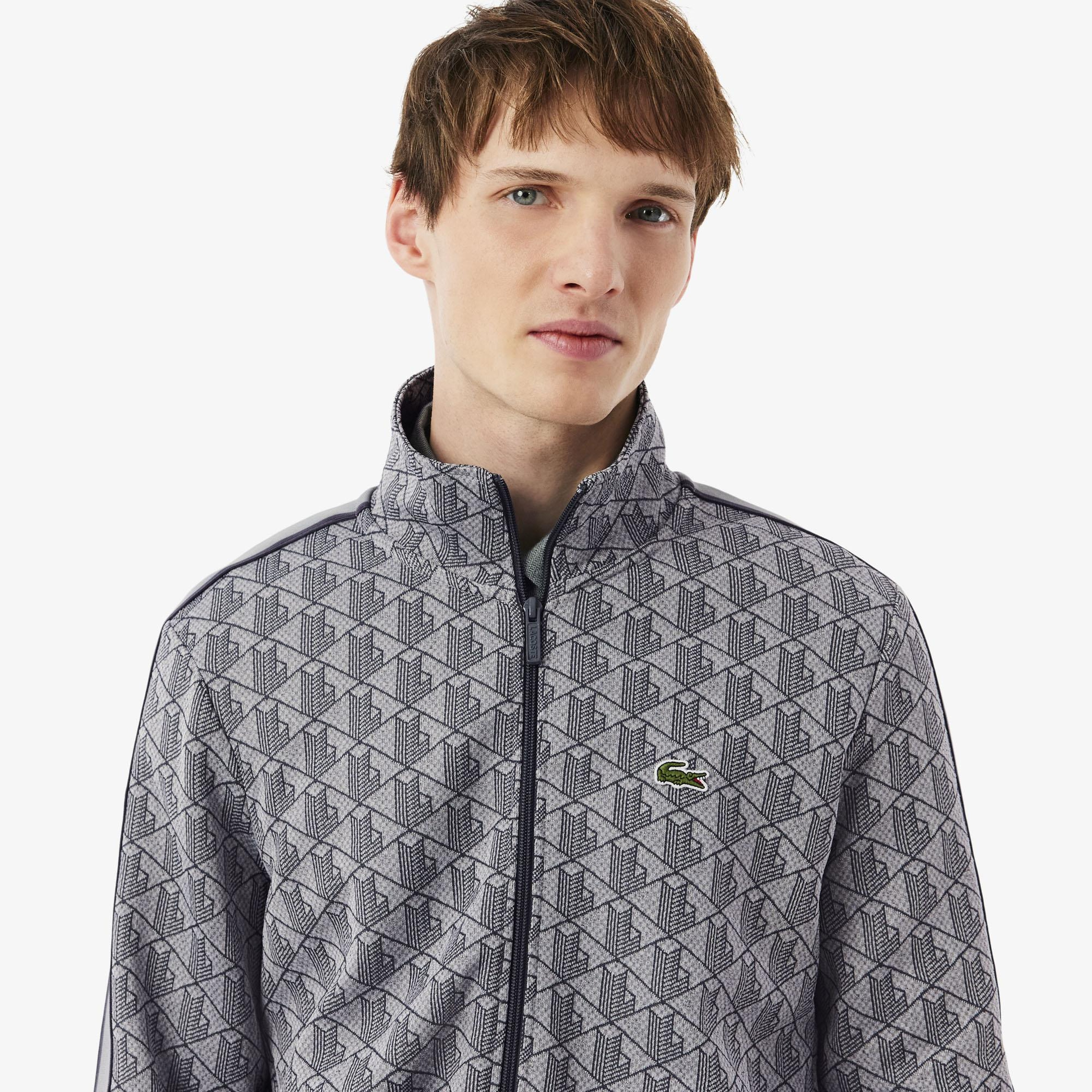 Erkek Regular Fit Fermuarlı Monogram Gri Sweatshirt