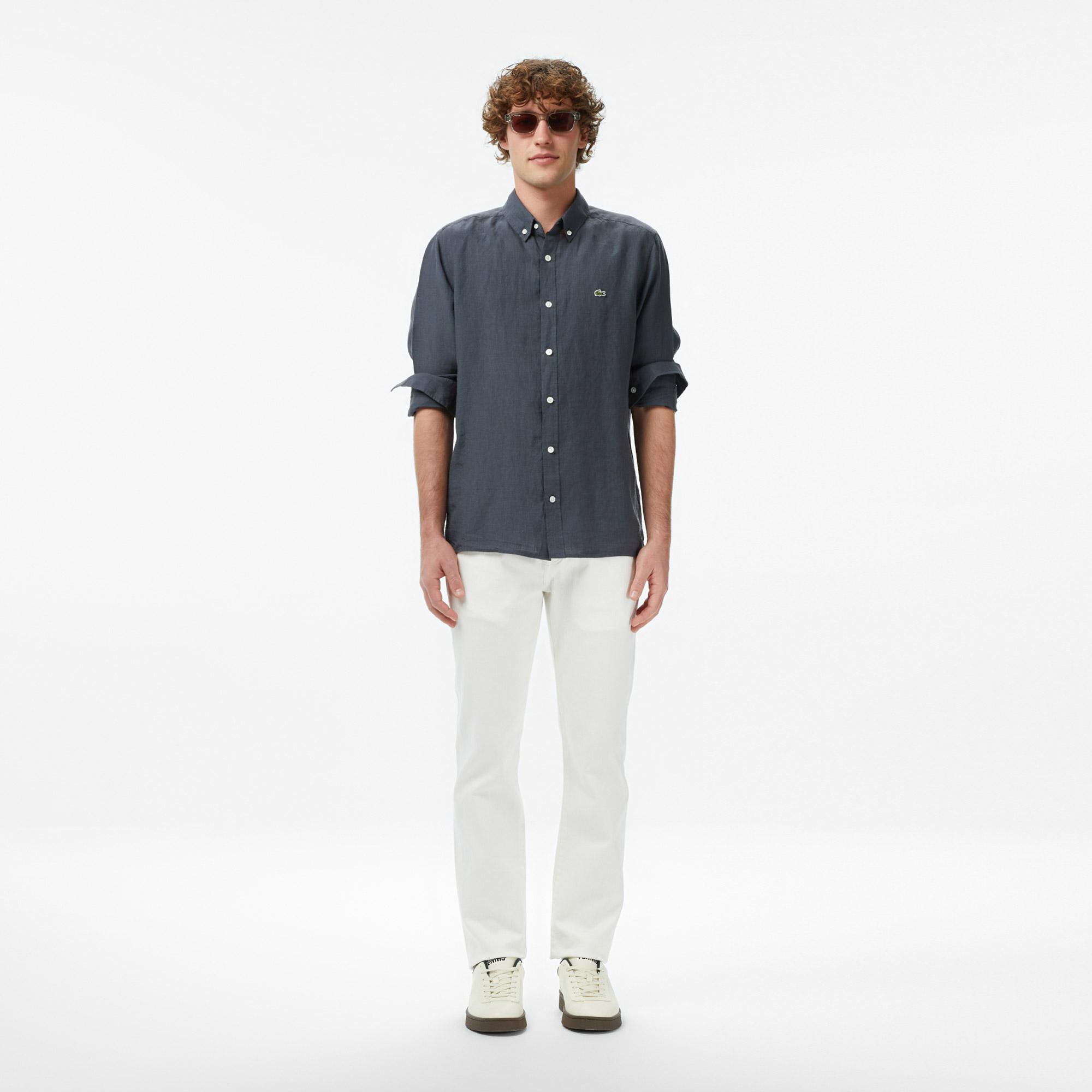 Lacoste Erkek Regular Fit Düğmeli Yaka Keten Koyu Gri Gömlek