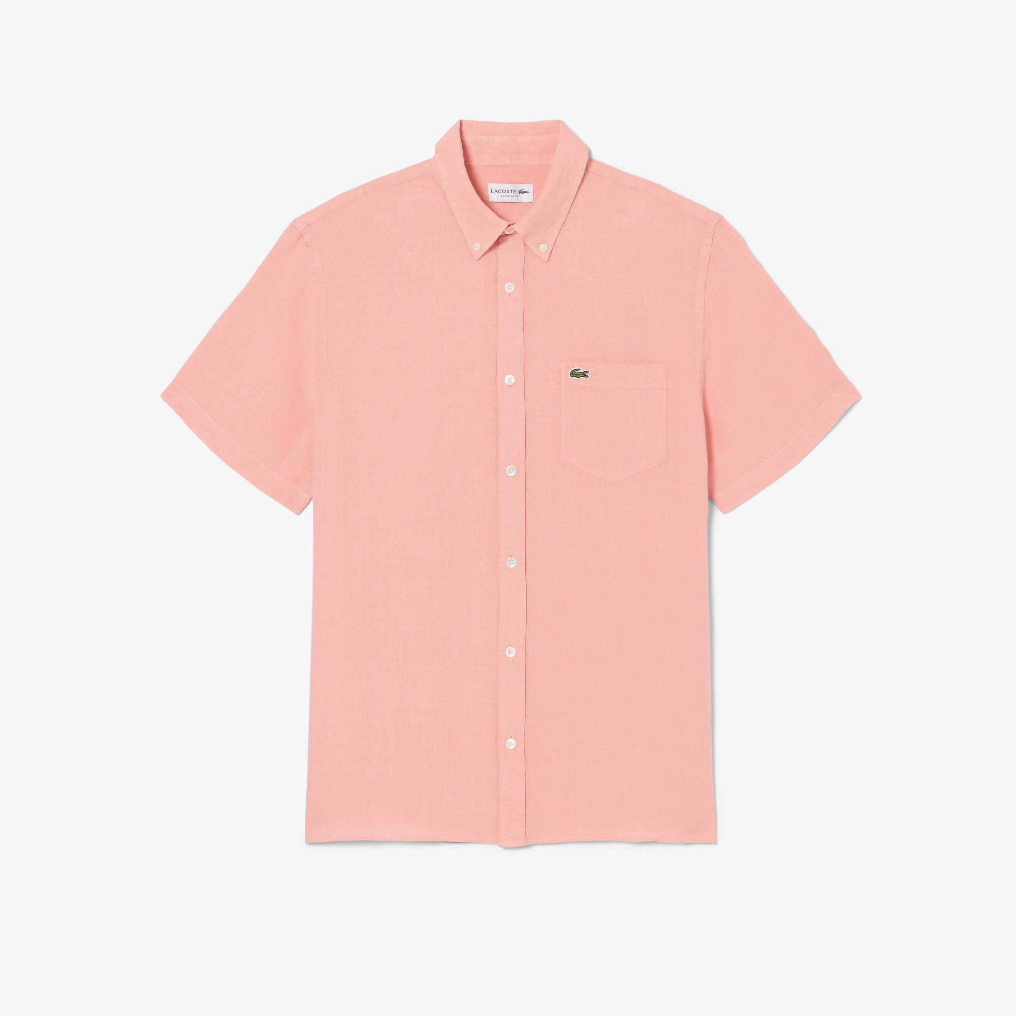 Erkek Regular Fit Kısa Kollu Düğmeli Yaka Keten Pembe Gömlek