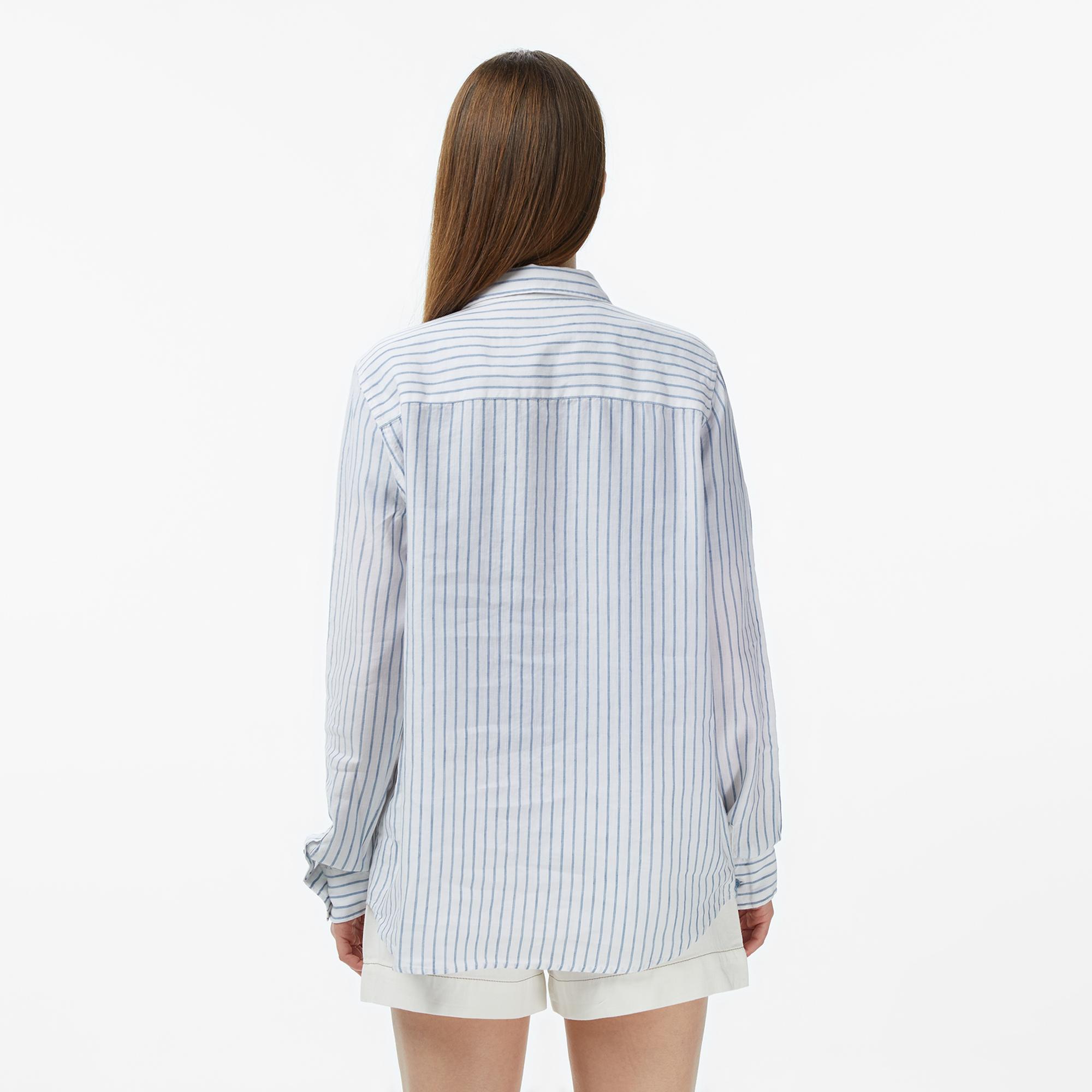 Lacoste Kadın Relaxed Fit Keten Çizgili Mavi Gömlek