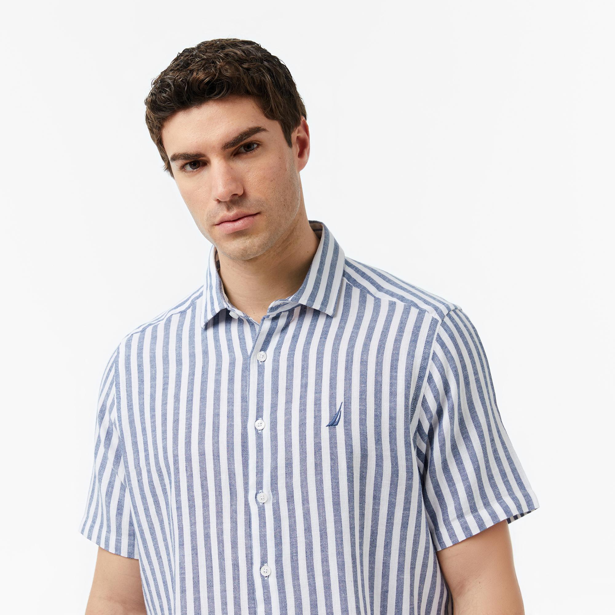 Nautica Erkek Lacivert Regular Fit Kısa Kollu Çizgili Gömlek