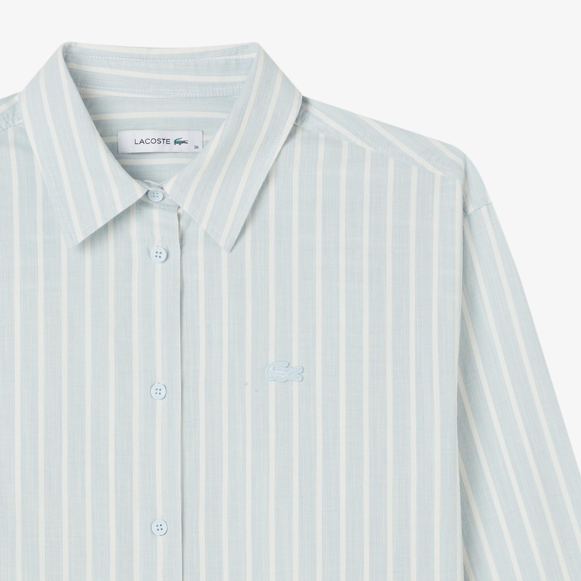 Lacoste Kadın Relaxed Fit Çizgili Mavi Gömlek