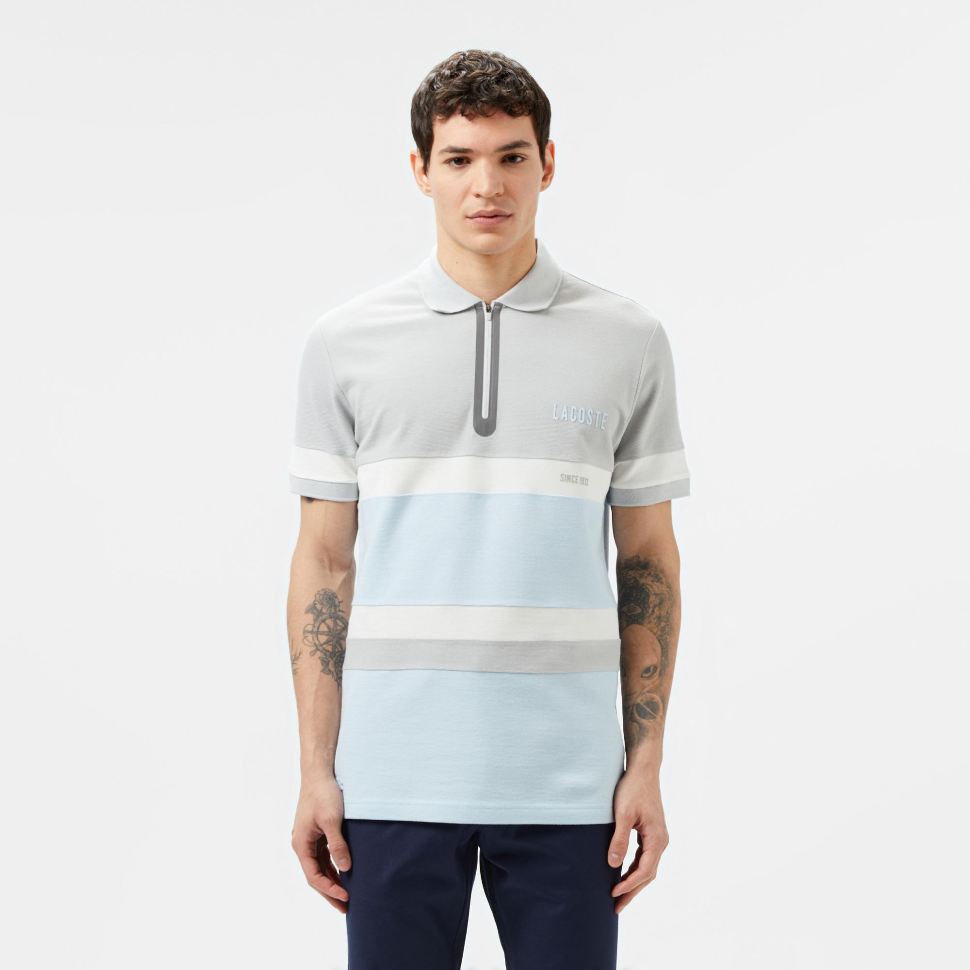 Lacoste Erkek Regular Fit Yarım Fermuarlı Renk Bloklu Açık Mavi Polo