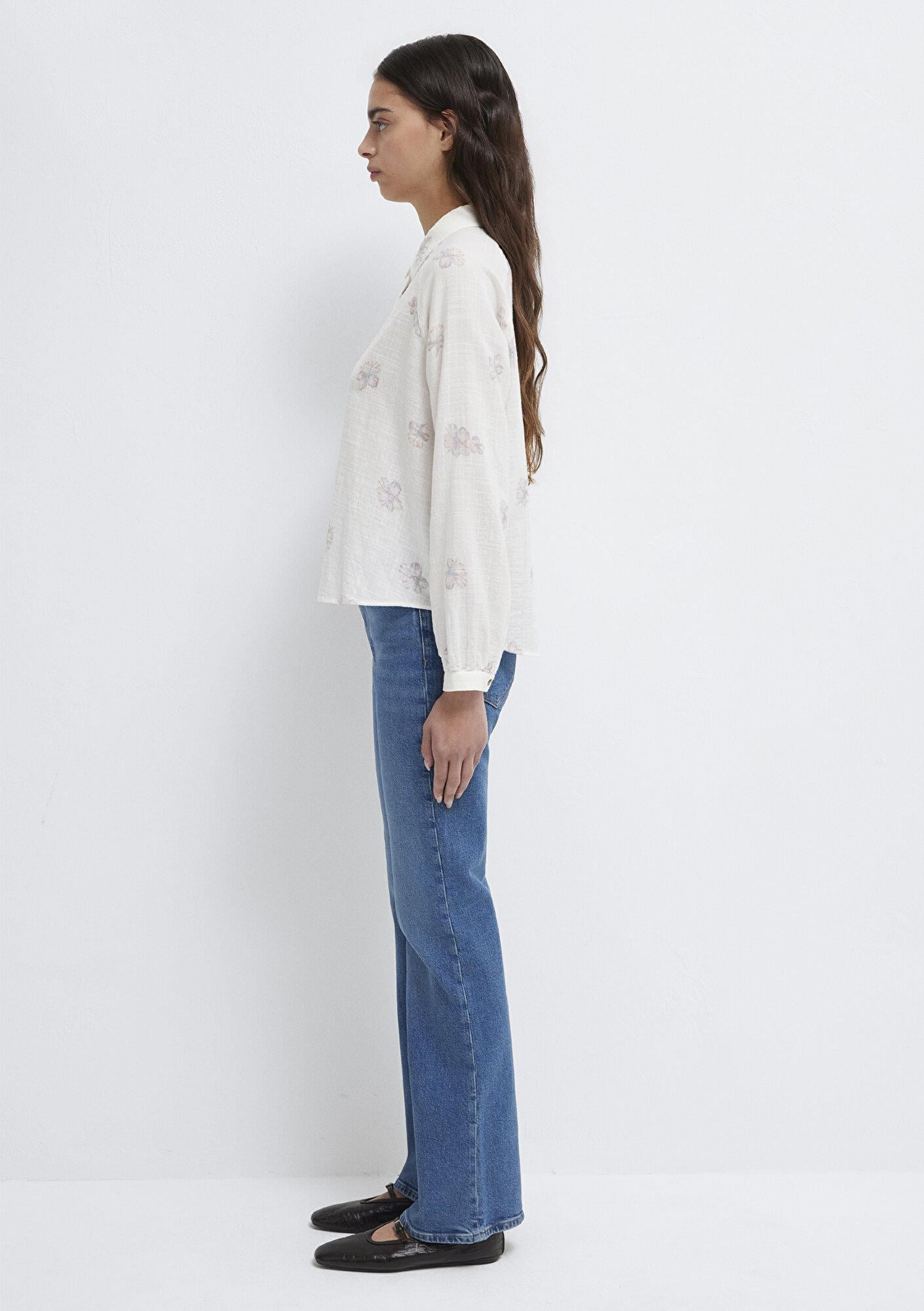 Mavi Çiçek Baskılı Ekru Gömlek Loose Fit / Bol Rahat Kesim 122514-91496