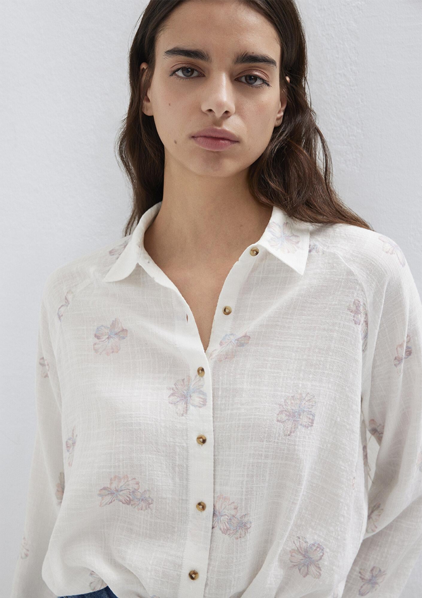 Mavi Çiçek Baskılı Ekru Gömlek Loose Fit / Bol Rahat Kesim 122514-91496