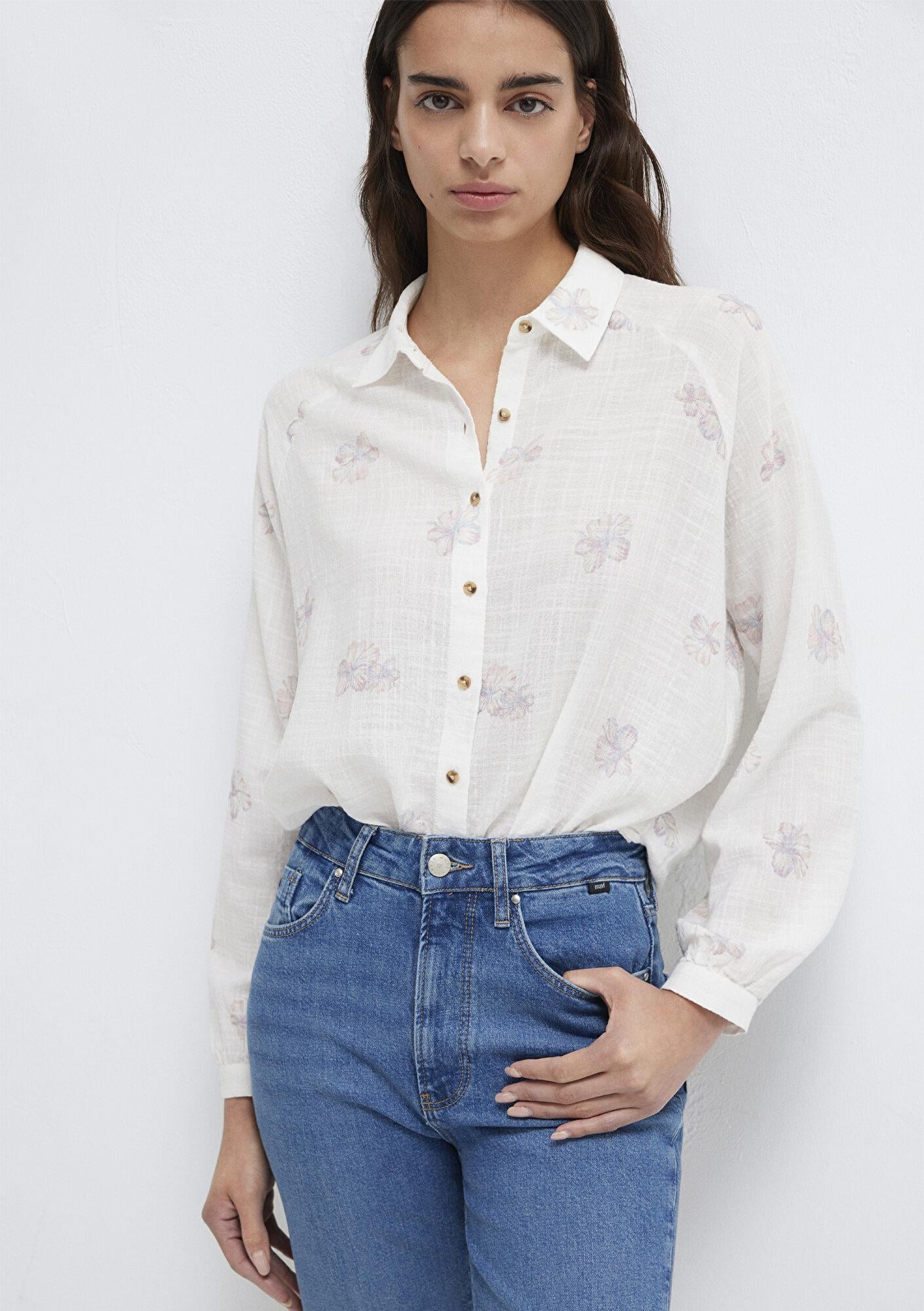 Mavi Çiçek Baskılı Ekru Gömlek Loose Fit / Bol Rahat Kesim 122514-91496