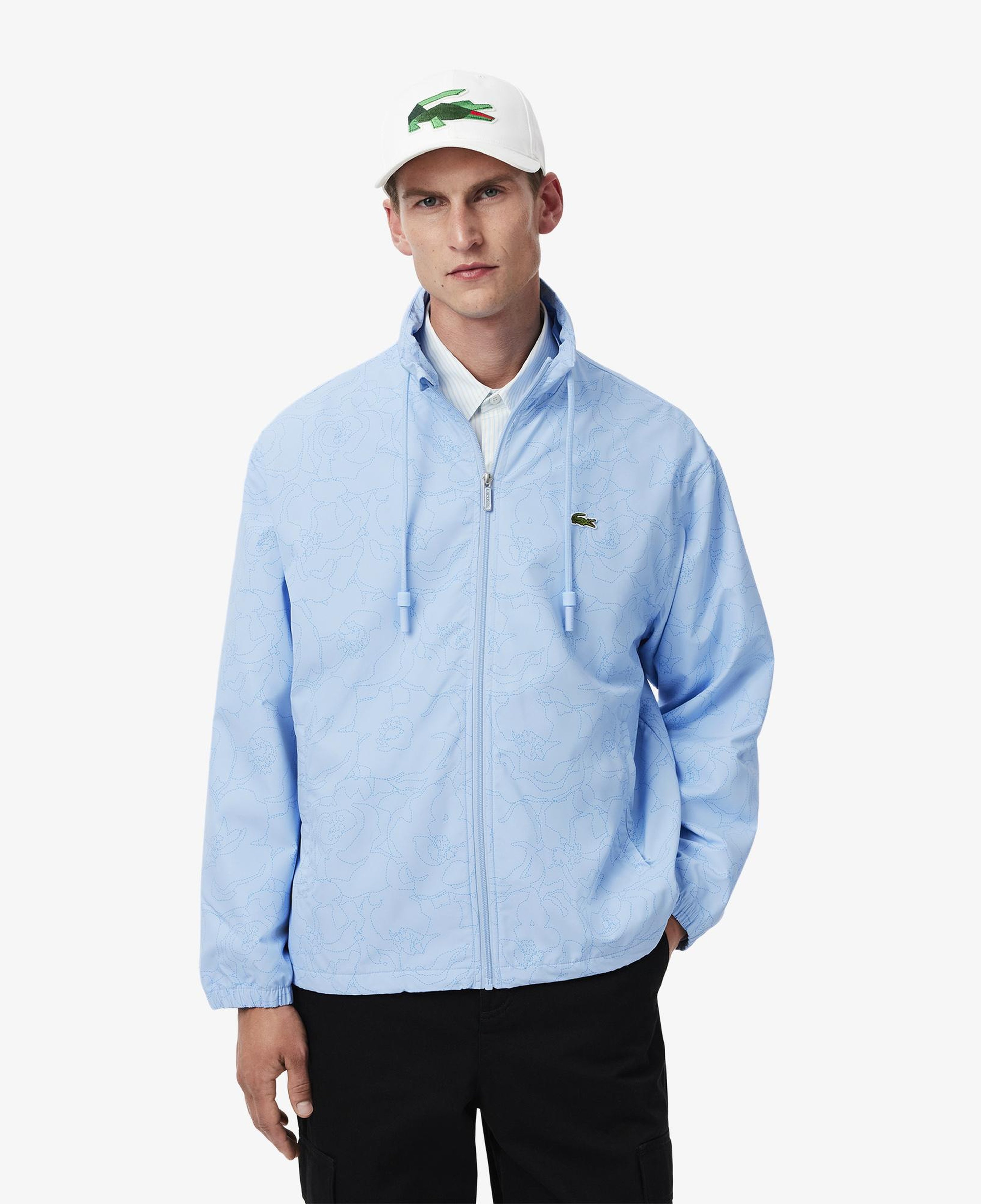 Erkek Regular Fit Kapüşonlu Desenli Mavi Rüzgarlık