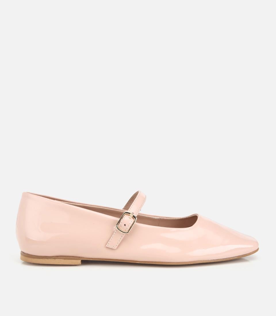 Kadın Rugan Deri Bej Bantlı Küt Burunlu Babet