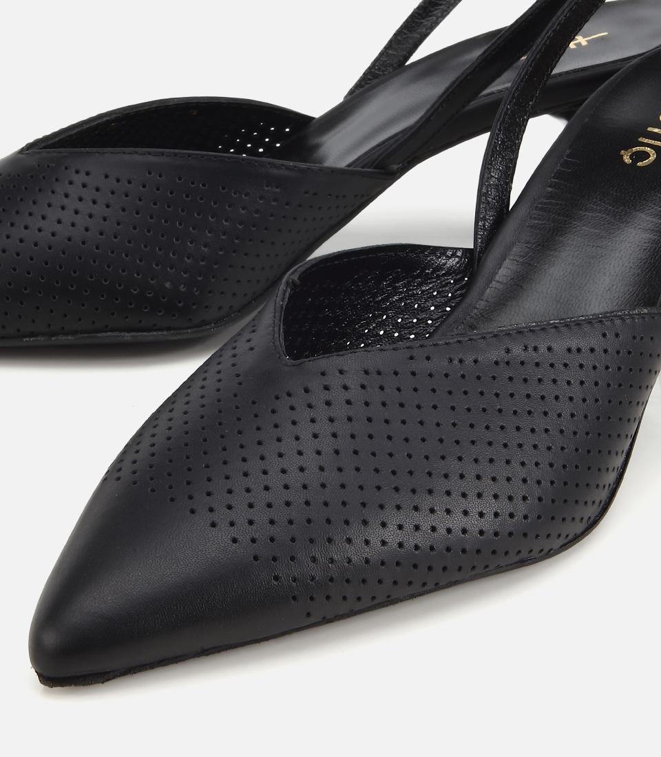 Kadın Deri Siyah Yumuşak Dokulu Arkası Açık  Kısa Topuklu Stiletto