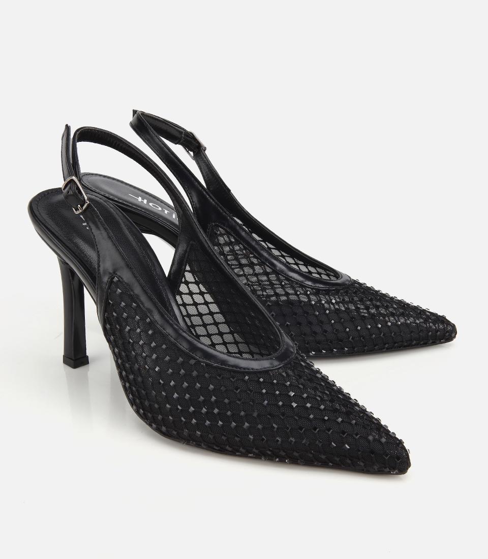 Kadın Siyah Taş Detaylı Arkası Açık Stiletto