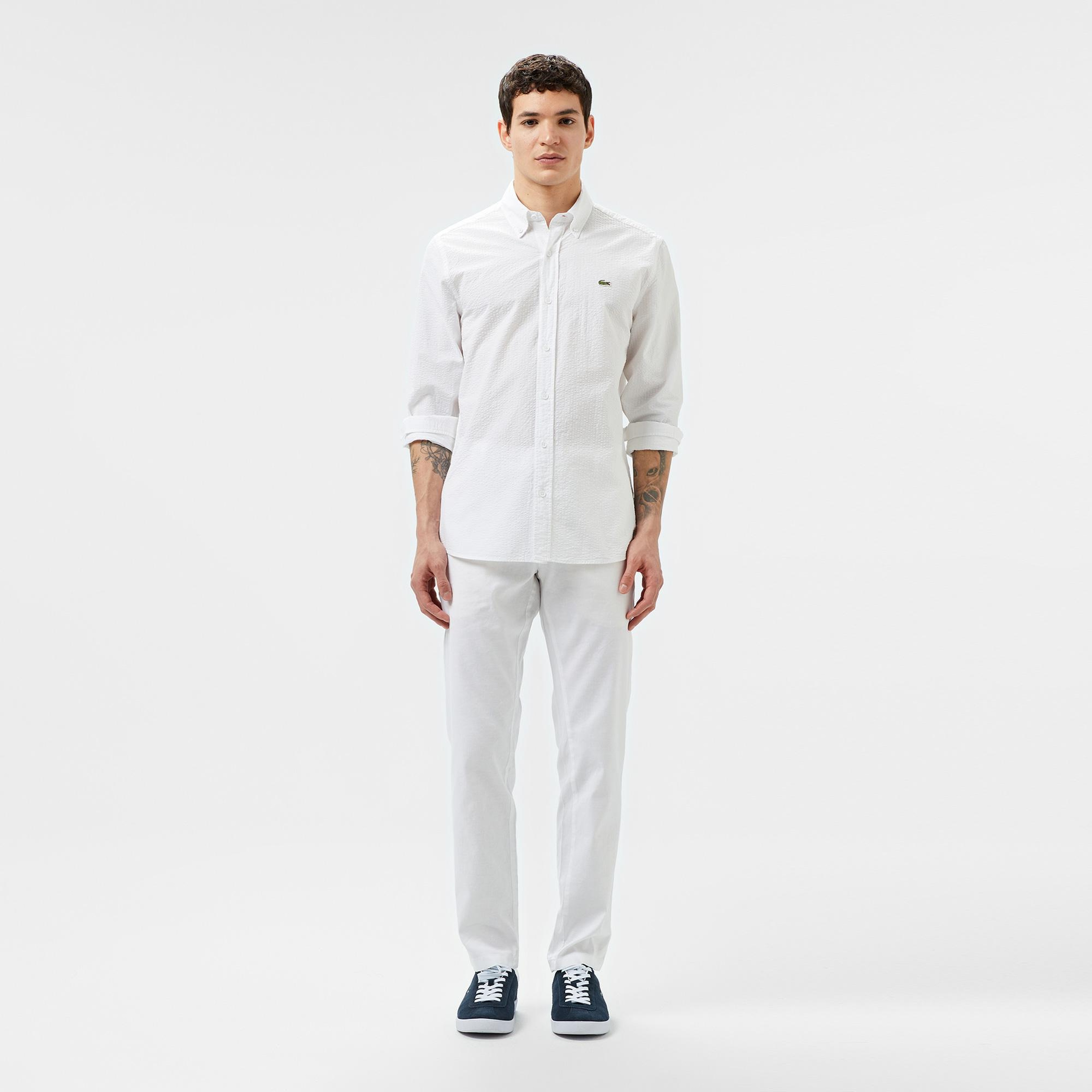 Erkek Slim Fit Düğmeli Yaka Beyaz Gömlek