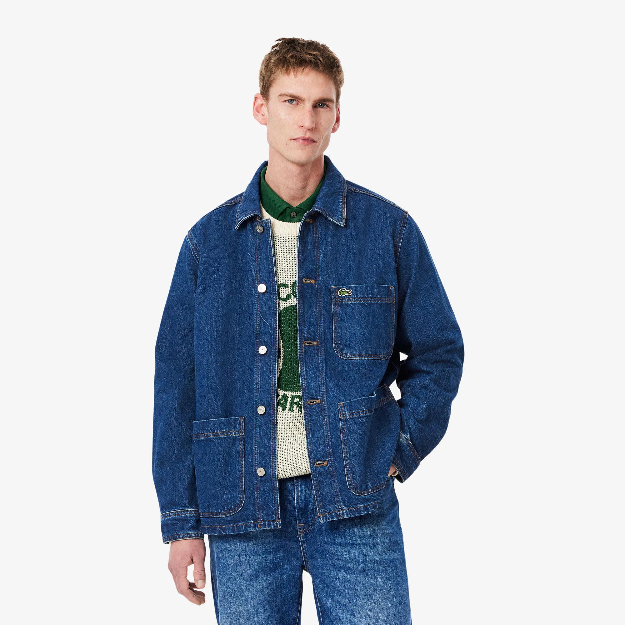 Erkek Oversize Fit Gömlek Yaka Denim Koyu Mavi Ceket