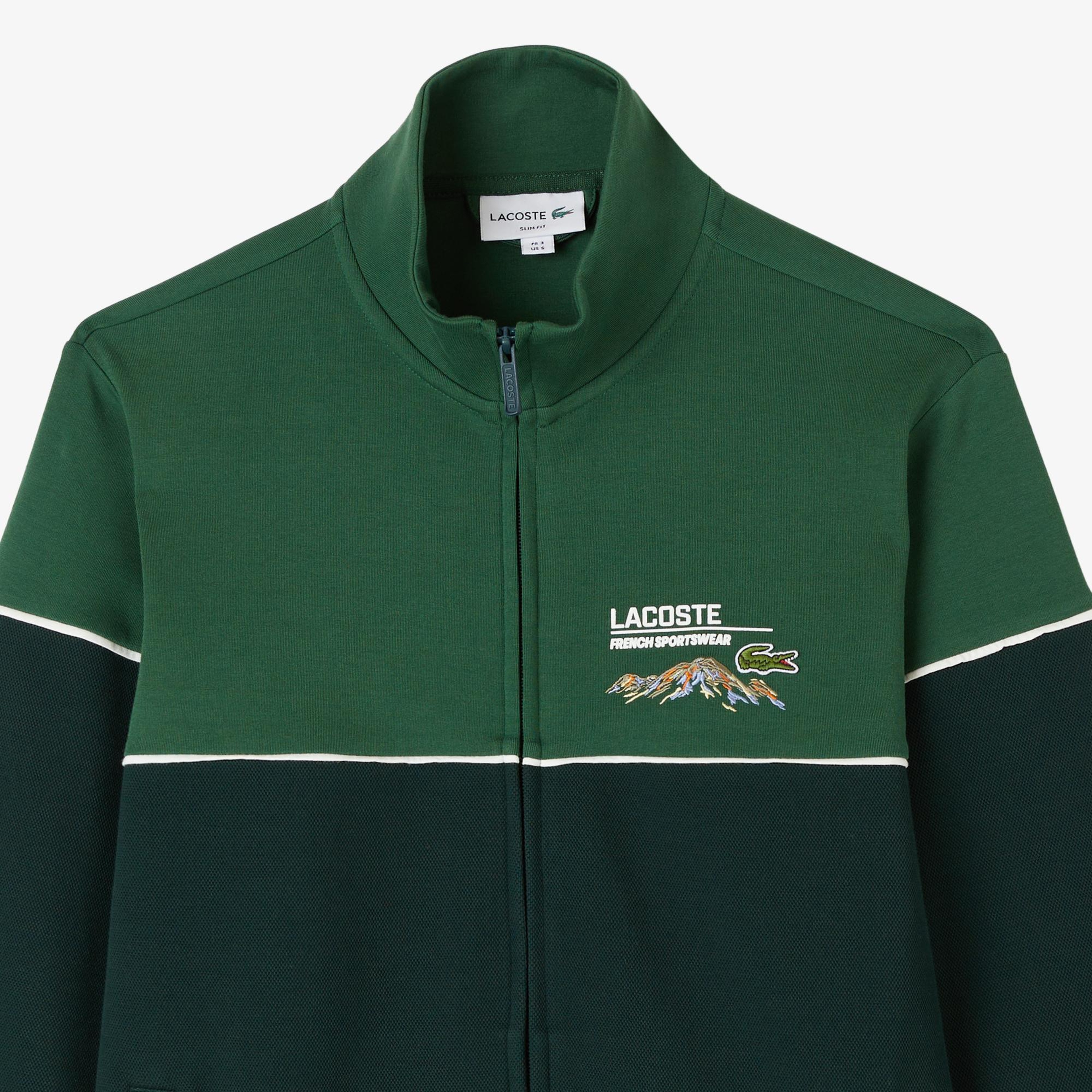 Erkek Slim Fit Fermuarlı Renk Bloklu Yeşil Sweatshirt
