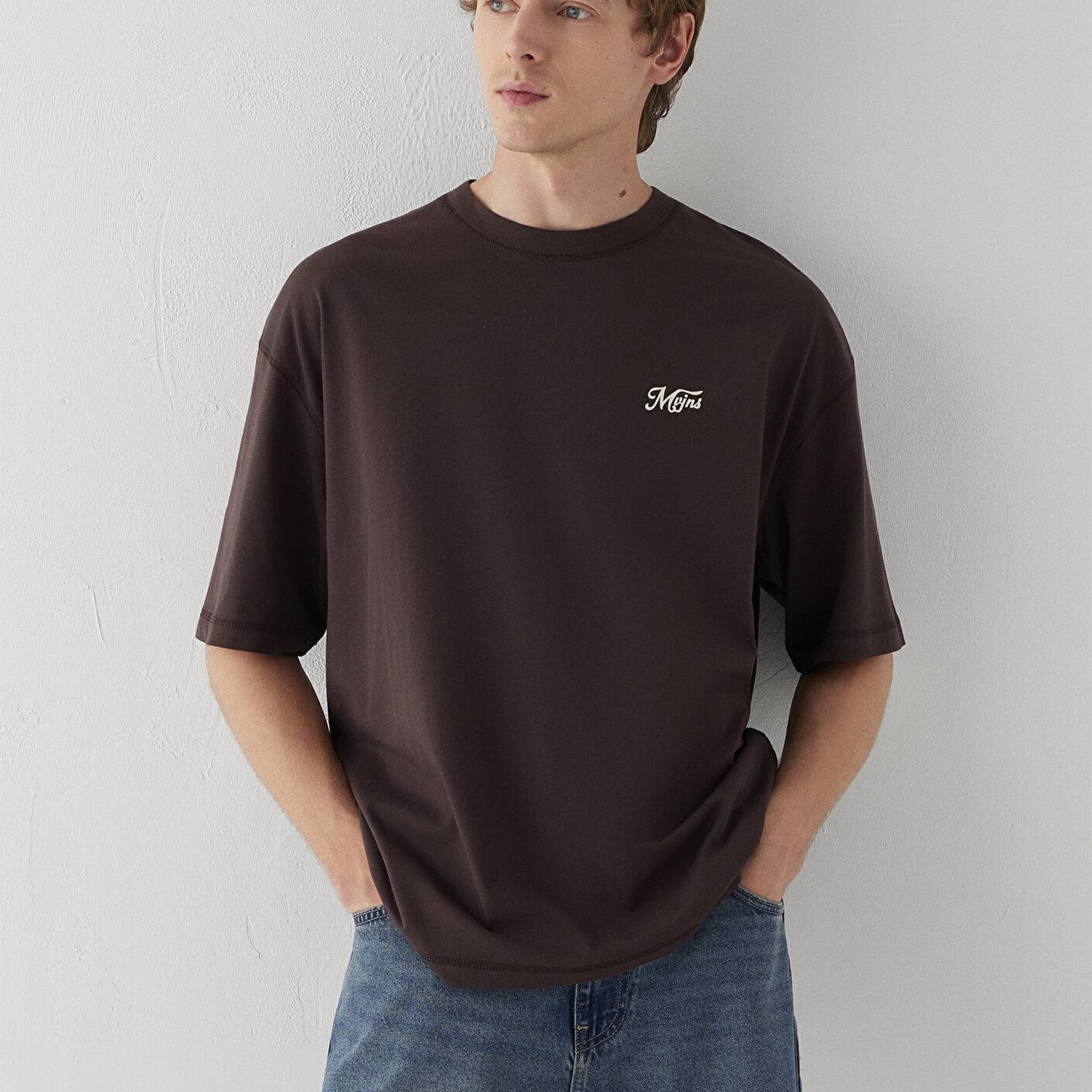 Mavi Kahverengi Tişört Oversize / Geniş Kesim 0613667-88083