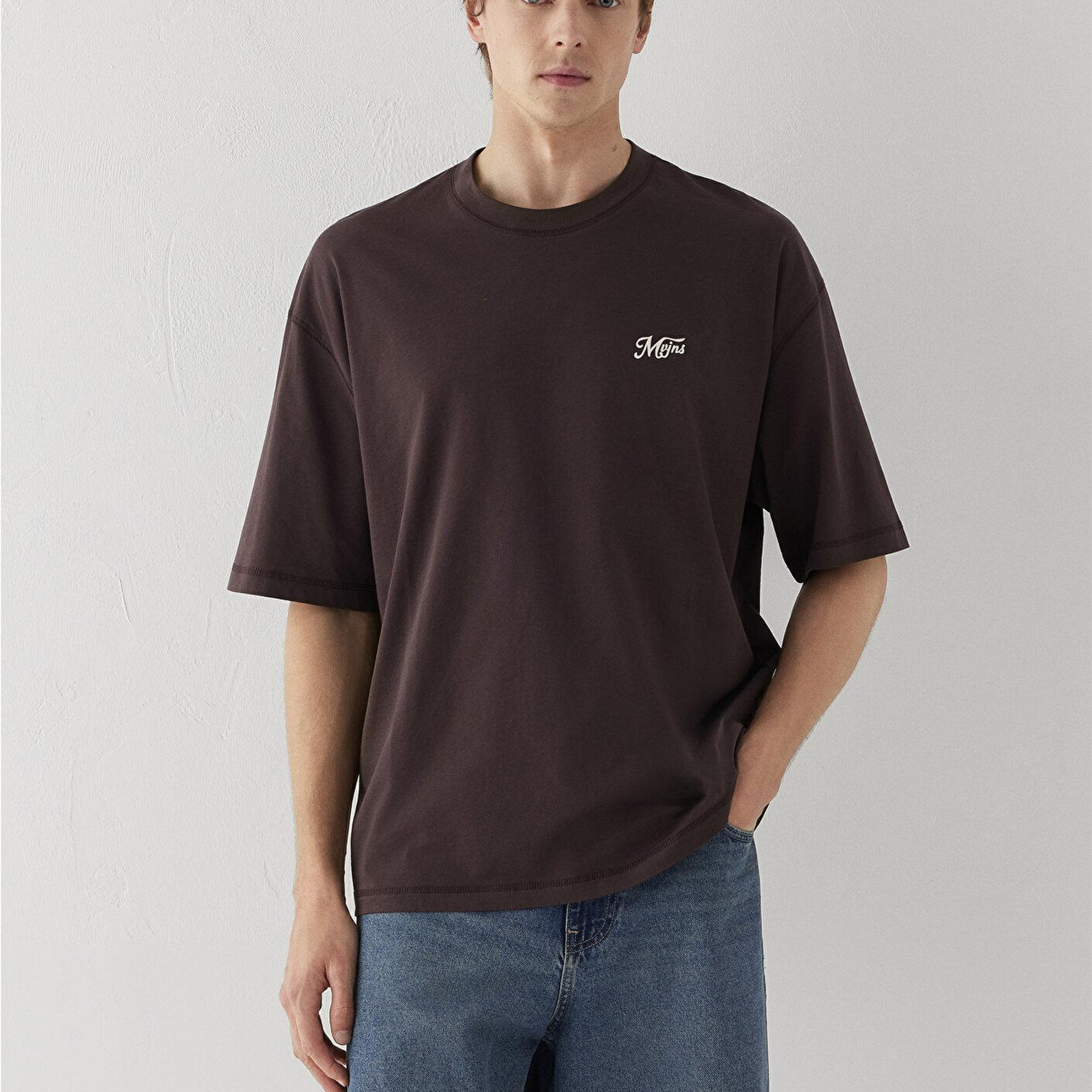 Mavi Kahverengi Tişört Oversize / Geniş Kesim 0613667-88083