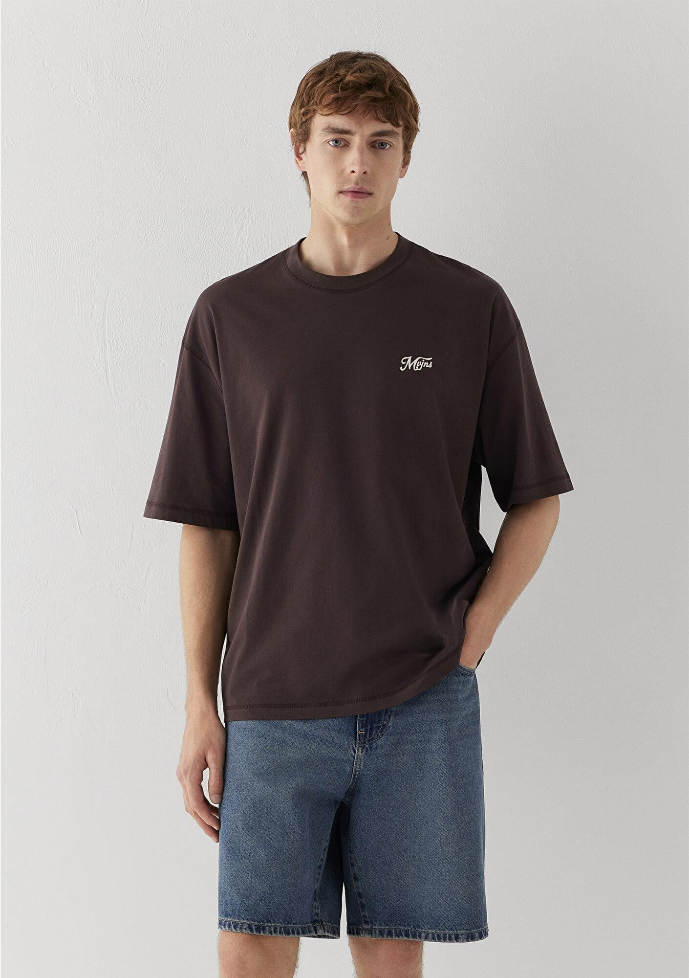 Mavi Kahverengi Tişört Oversize / Geniş Kesim 0613667-88083