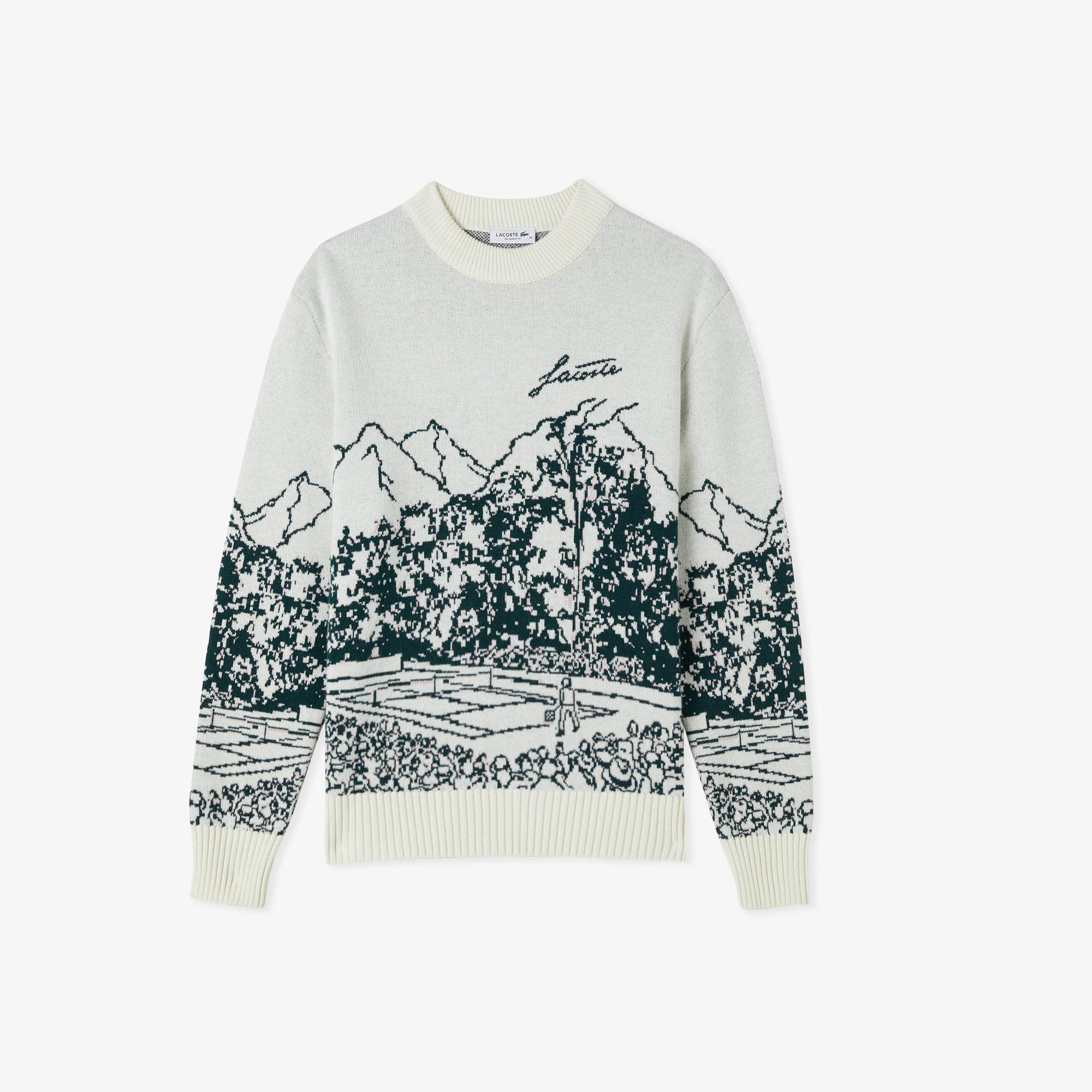 Lacoste Kadın Relaxed Fit Bisiklet Yaka Desenli Krem Kazak
