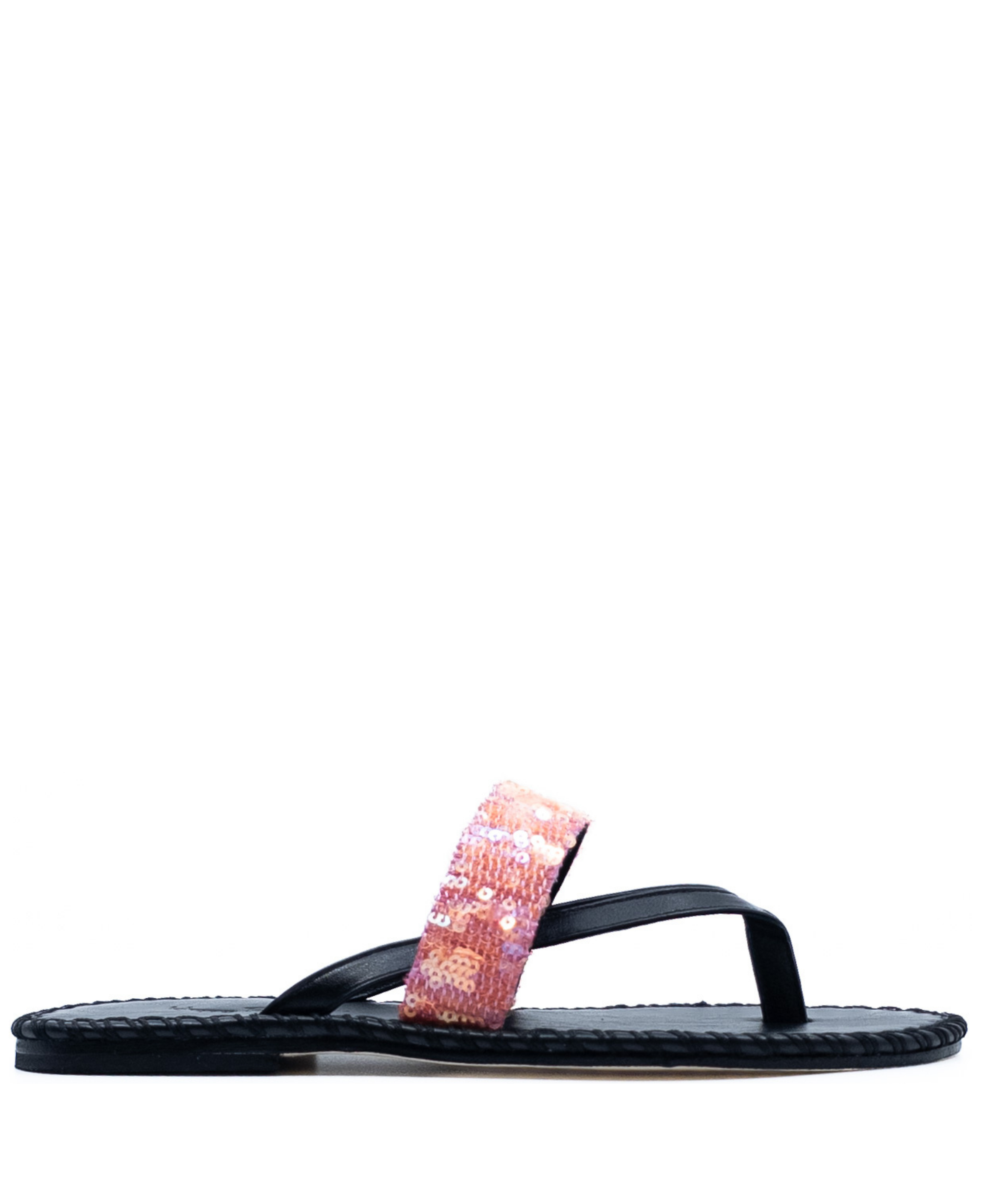 Chiara - Pembe Payet Bantlı Siyah Deri Terlik