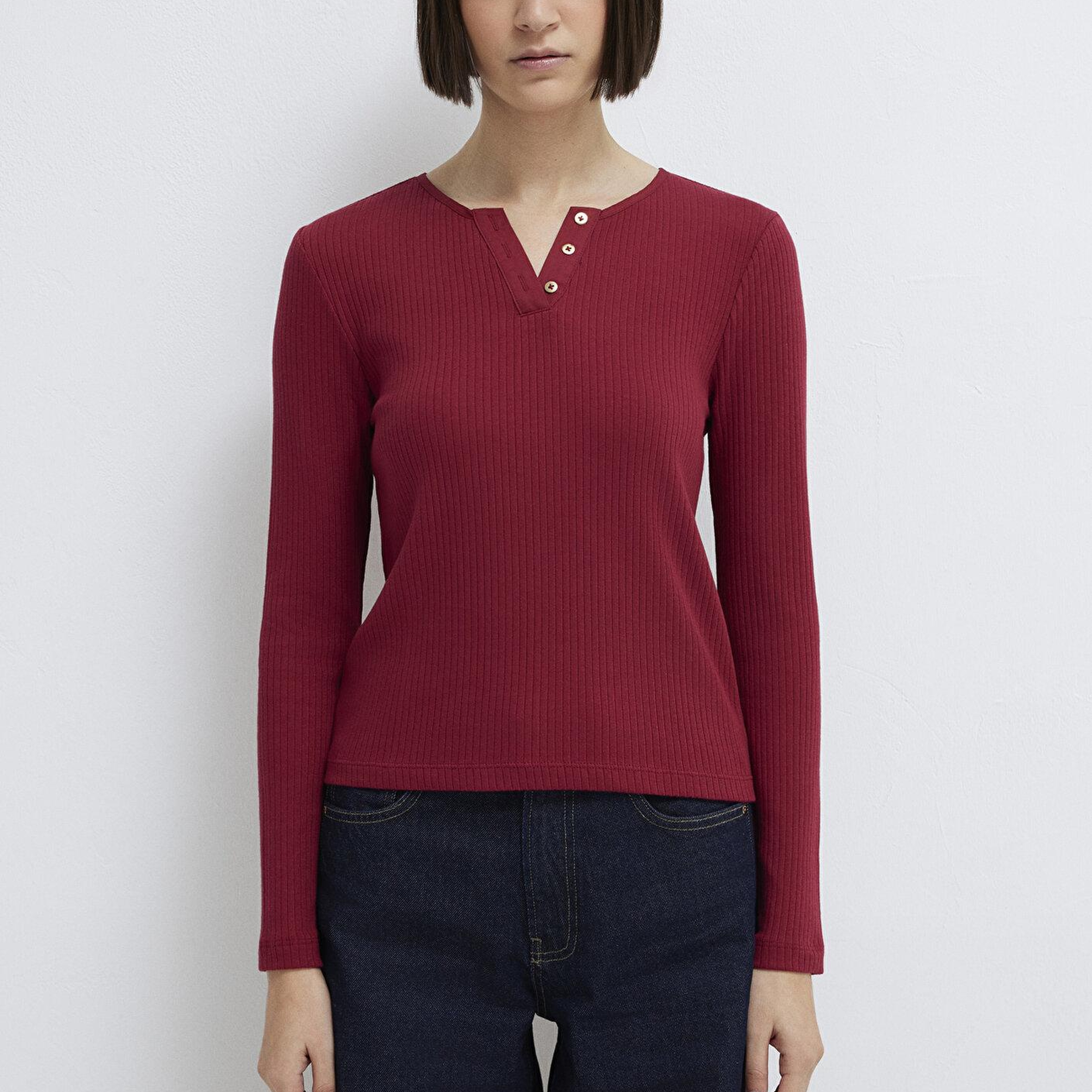 Mavi Uzun Kollu Düğme Detaylı Kırmızı Tişört Slim Fit / Dar Kesim 1613756-70431