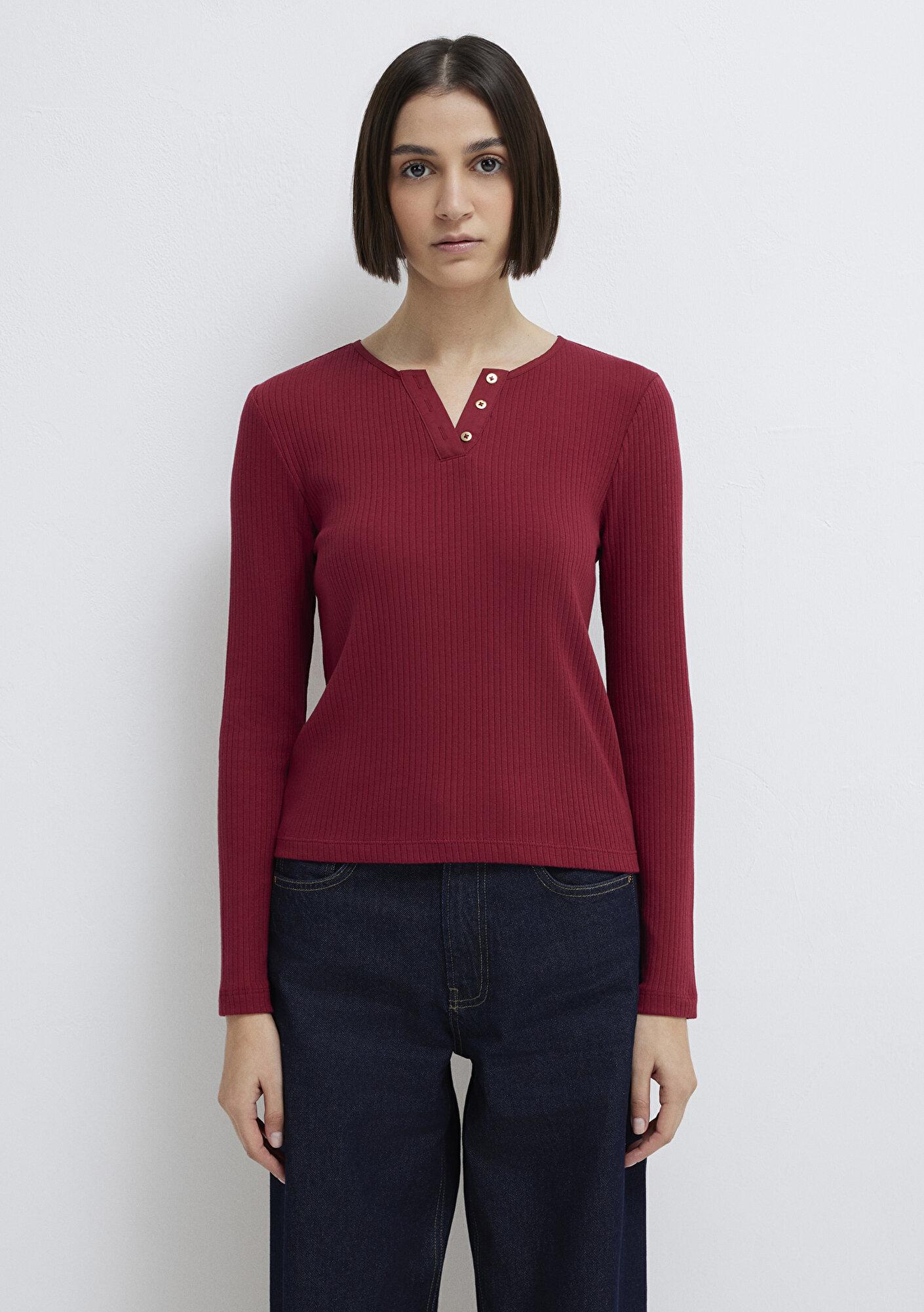 Mavi Uzun Kollu Düğme Detaylı Kırmızı Tişört Slim Fit / Dar Kesim 1613756-70431