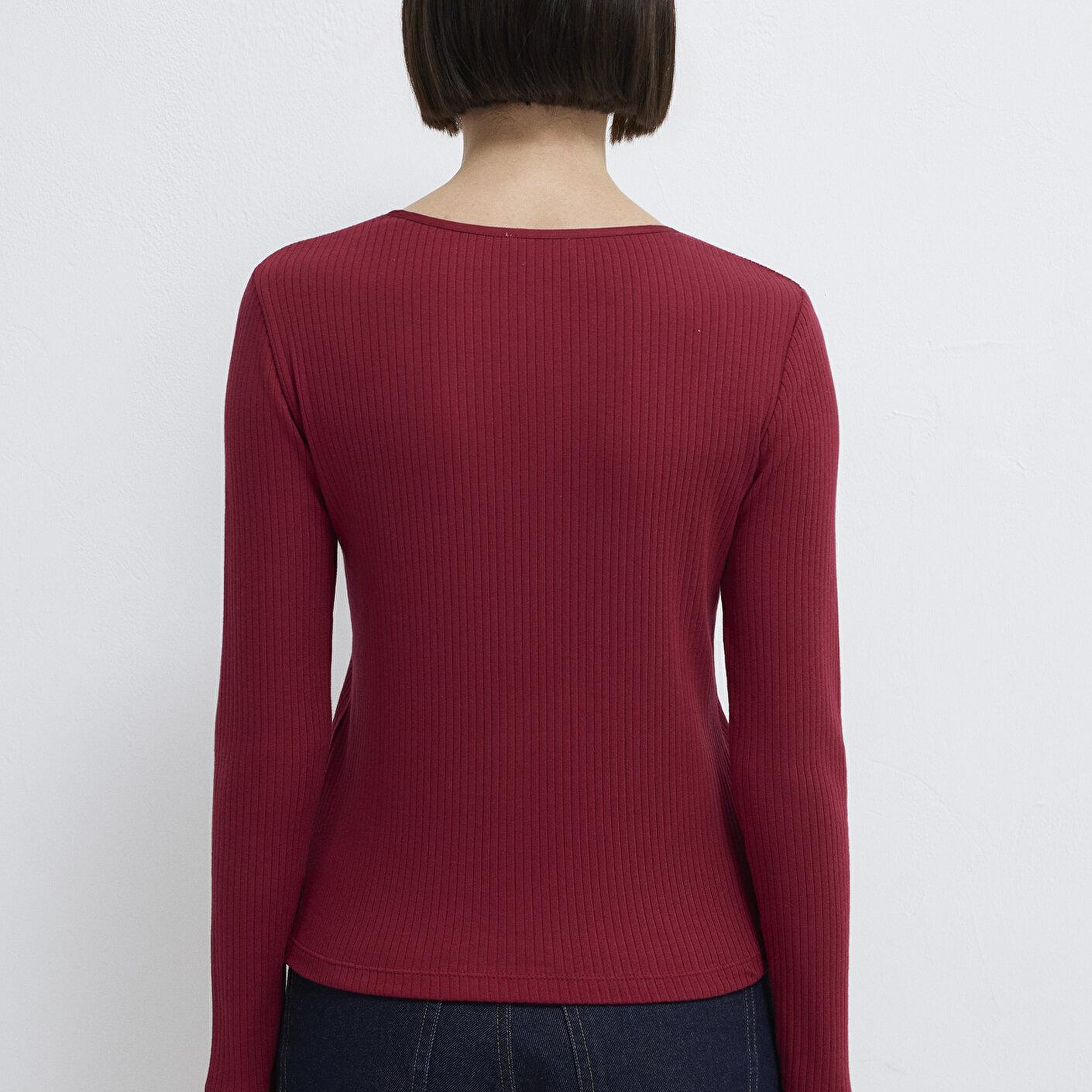 Mavi Uzun Kollu Düğme Detaylı Kırmızı Tişört Slim Fit / Dar Kesim 1613756-70431