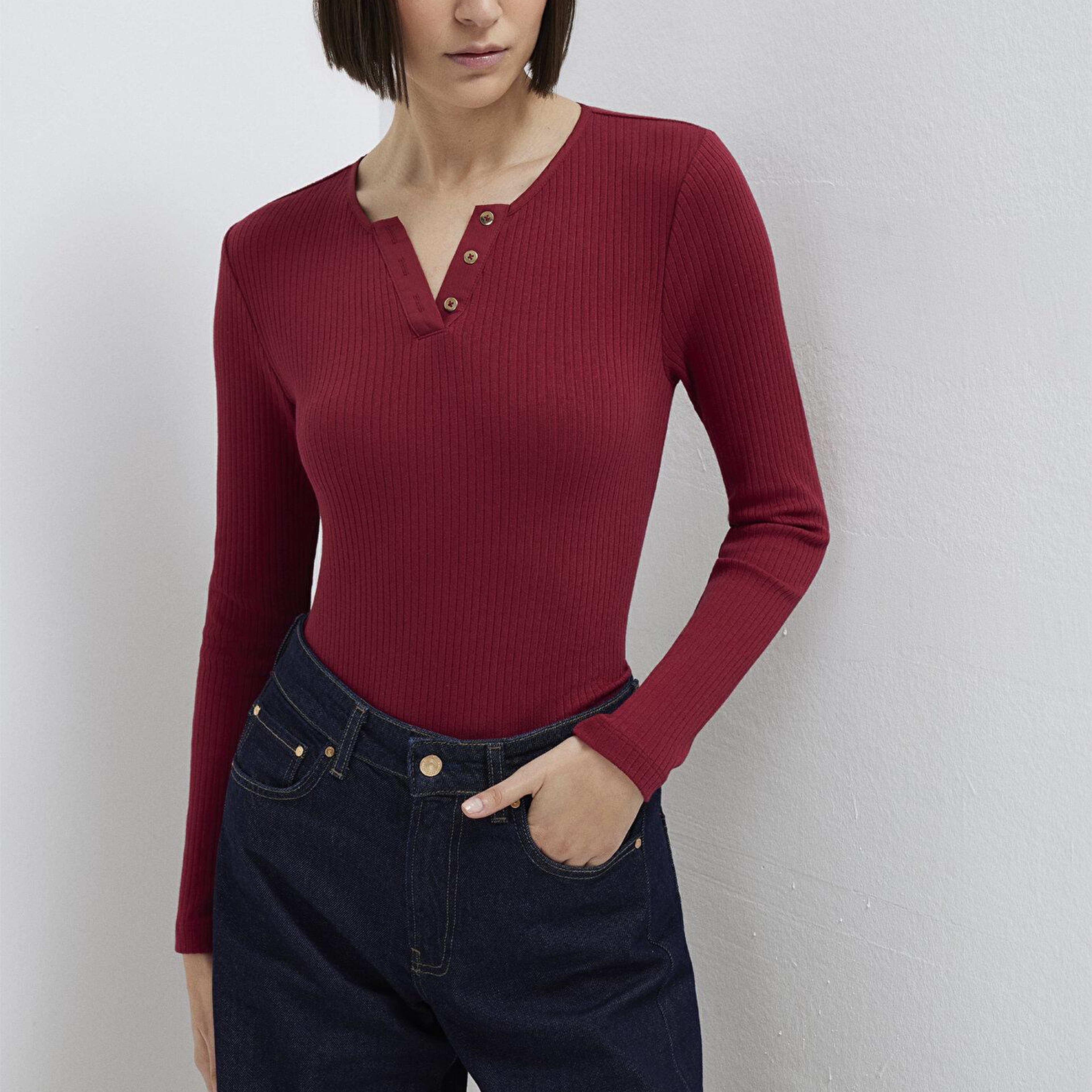 Mavi Uzun Kollu Düğme Detaylı Kırmızı Tişört Slim Fit / Dar Kesim 1613756-70431