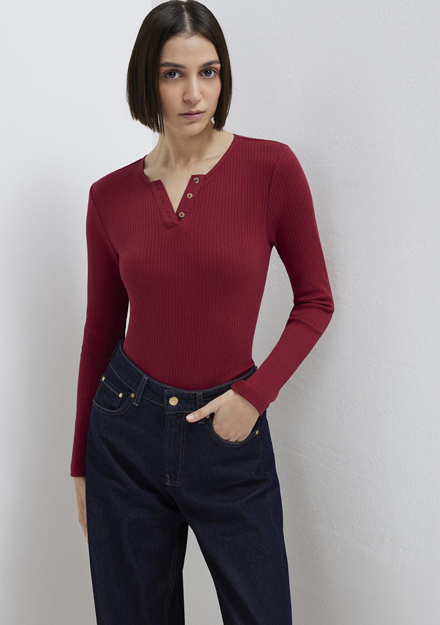 Mavi Uzun Kollu Düğme Detaylı Kırmızı Tişört Slim Fit / Dar Kesim 1613756-70431