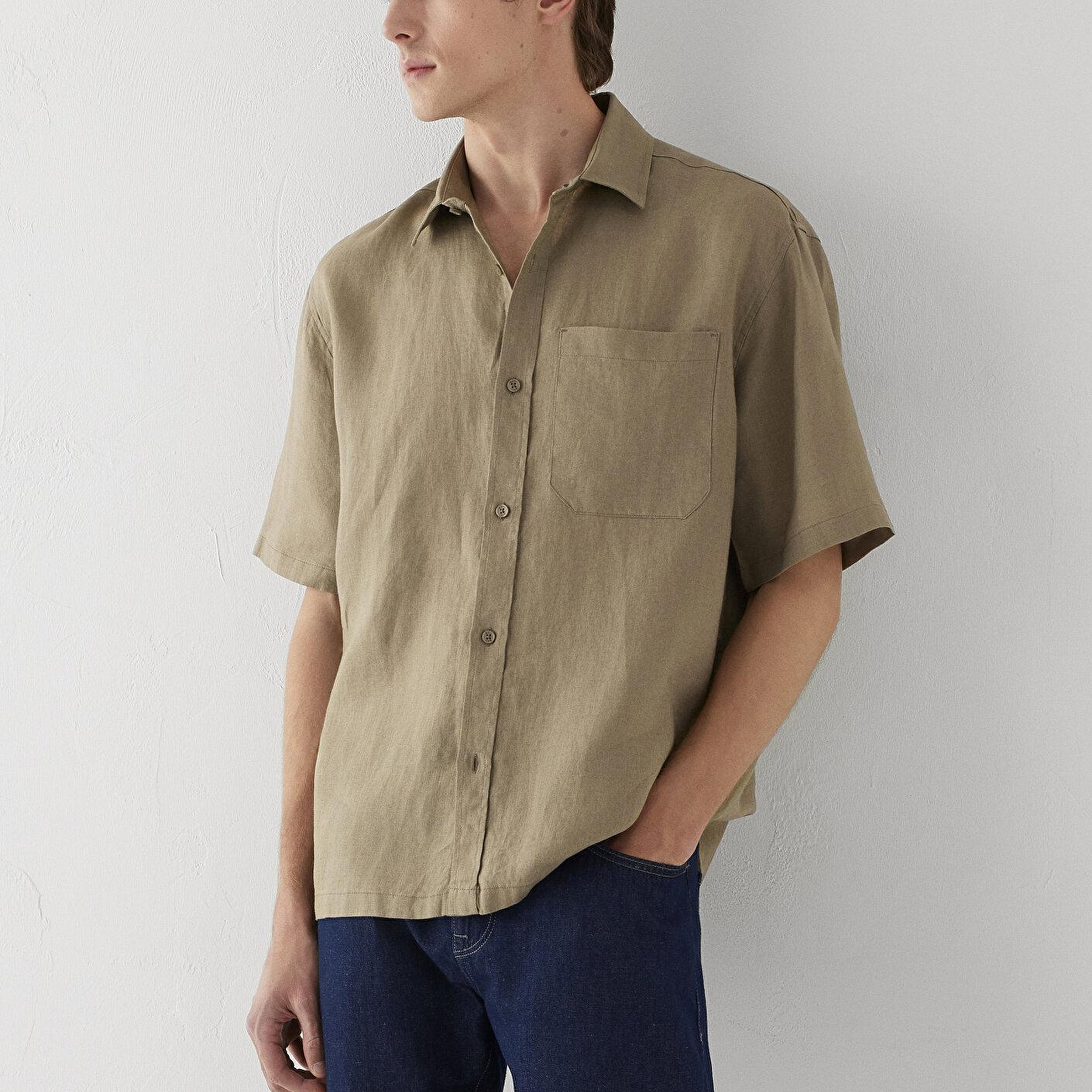 Mavi Kısa Kollu Bej Keten Gömlek Loose Fit / Bol Rahat Kesim 0211966-86749