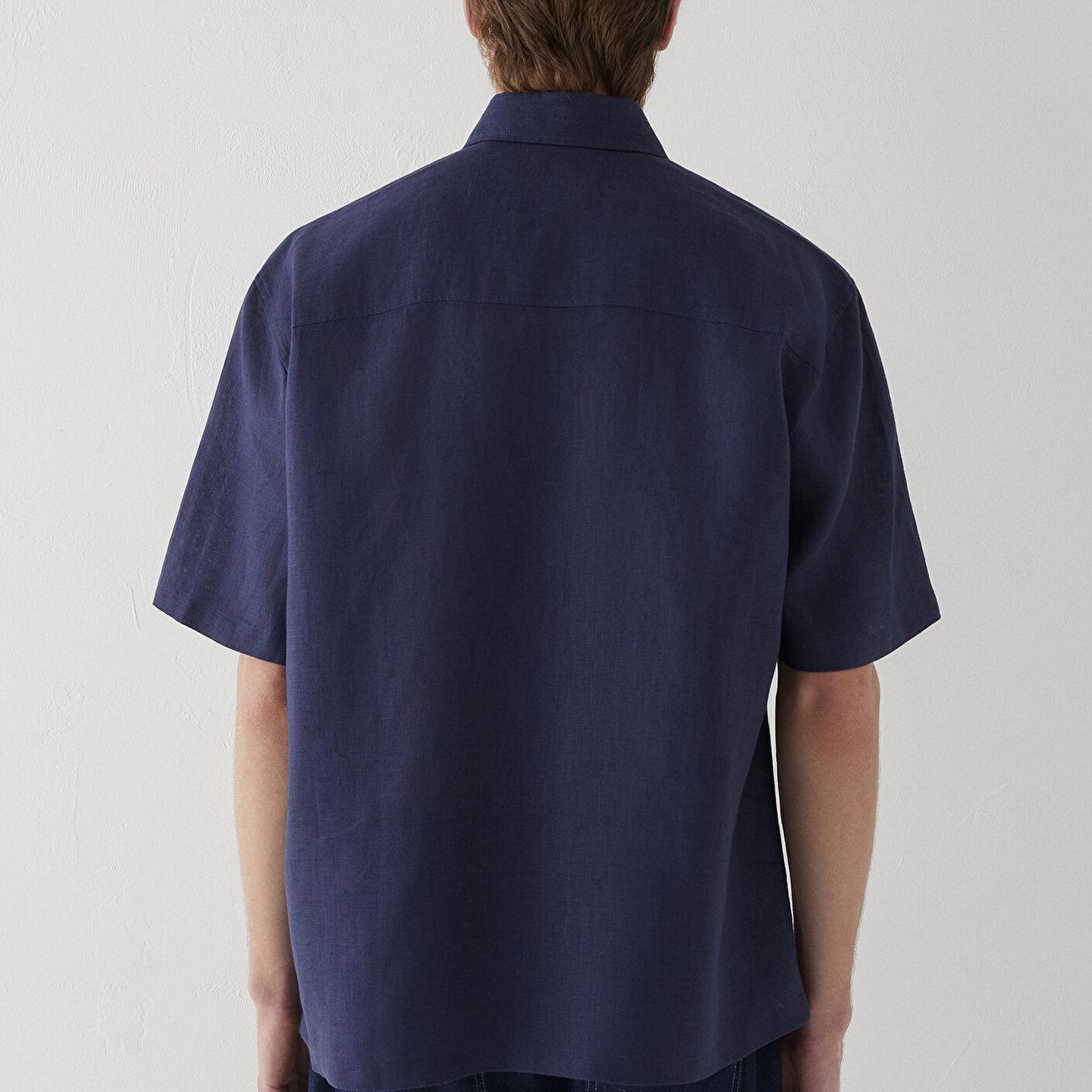 Mavi Kısa Kollu Lacivert Keten Gömlek Loose Fit / Bol Rahat Kesim 0211966-86623